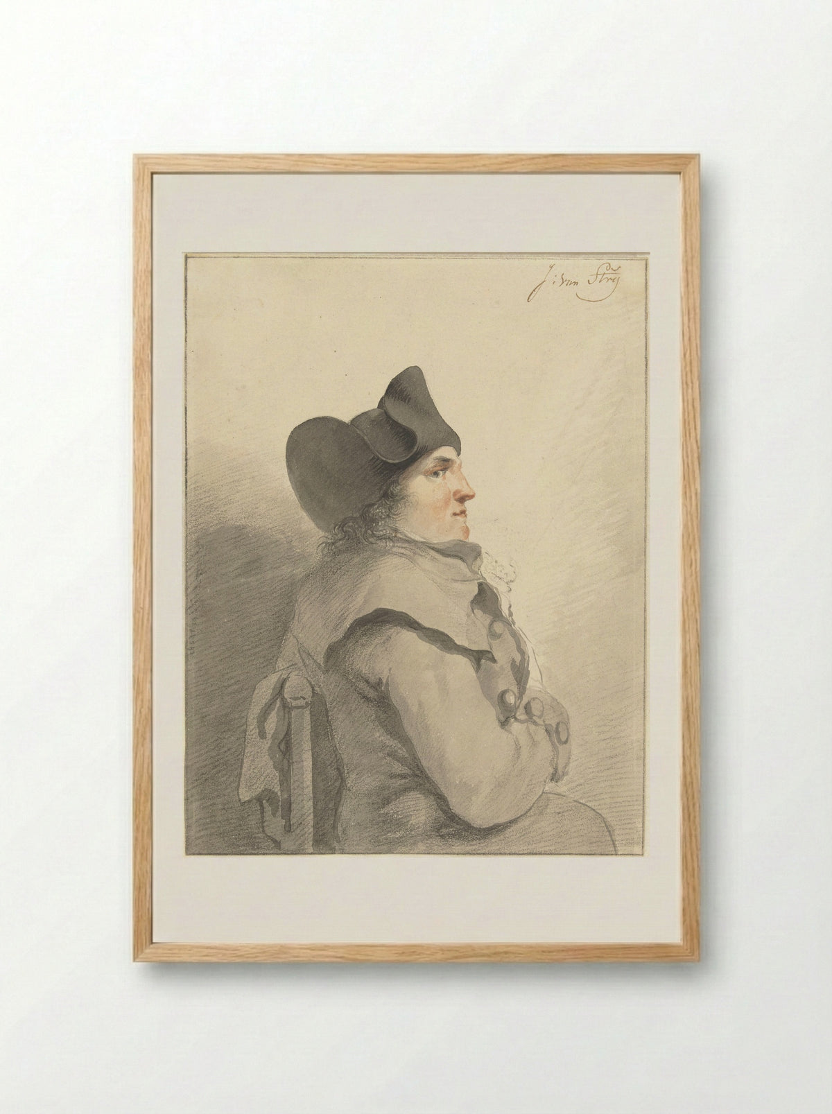 Zittende man met zwarte steek, in profiel, naar rechts - Jacob van Strij - Framed Print Wood