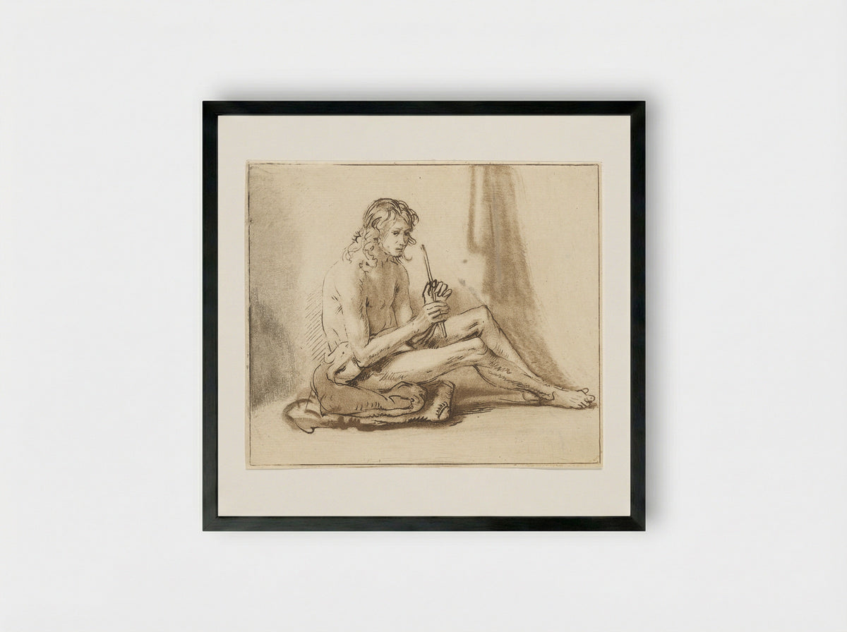 Zittende naakte man met fluit - Cornelis van Noorde - Framed Print Black