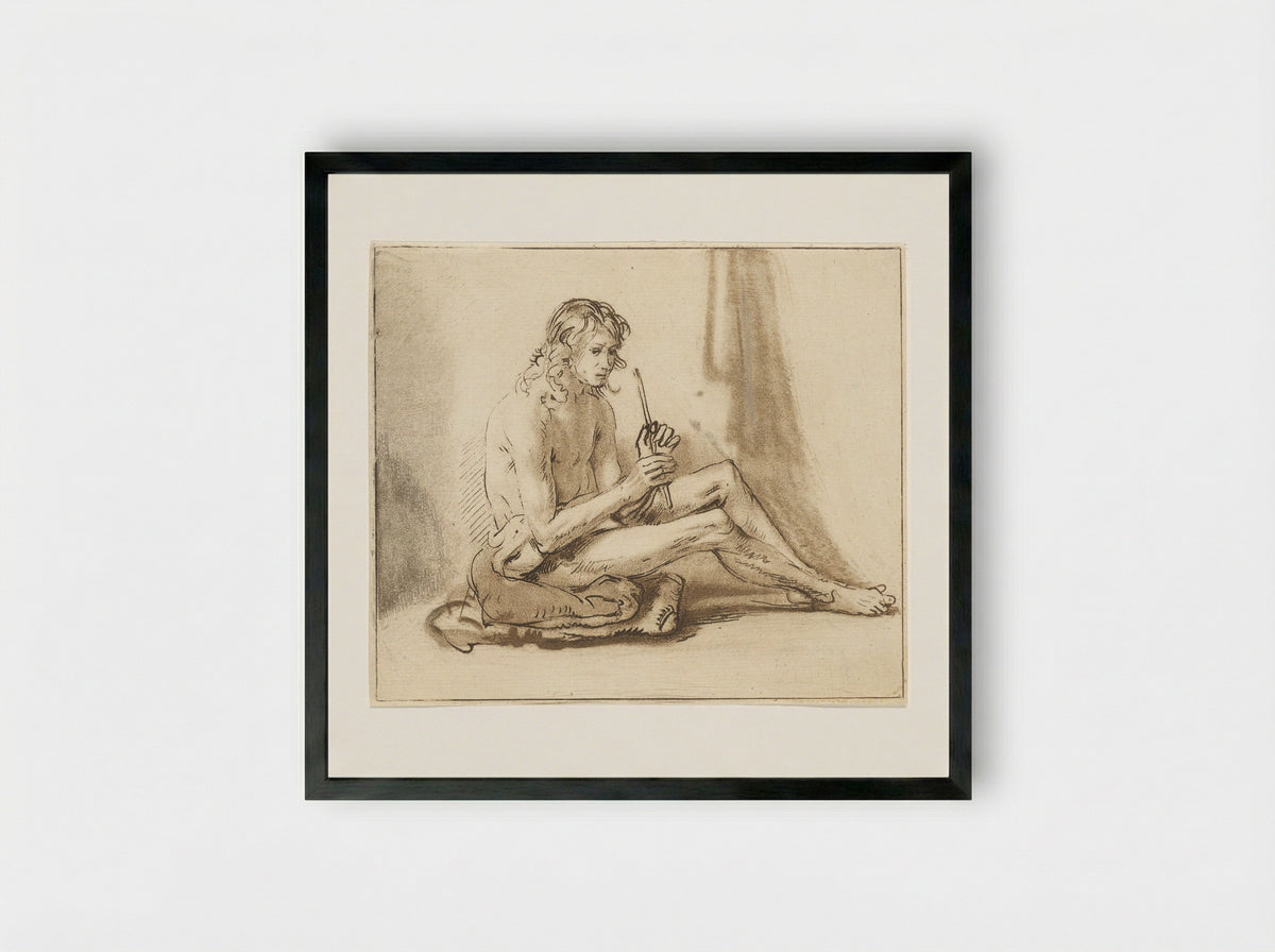 Zittende naakte man met fluit - Cornelis van Noorde - Framed Print Black