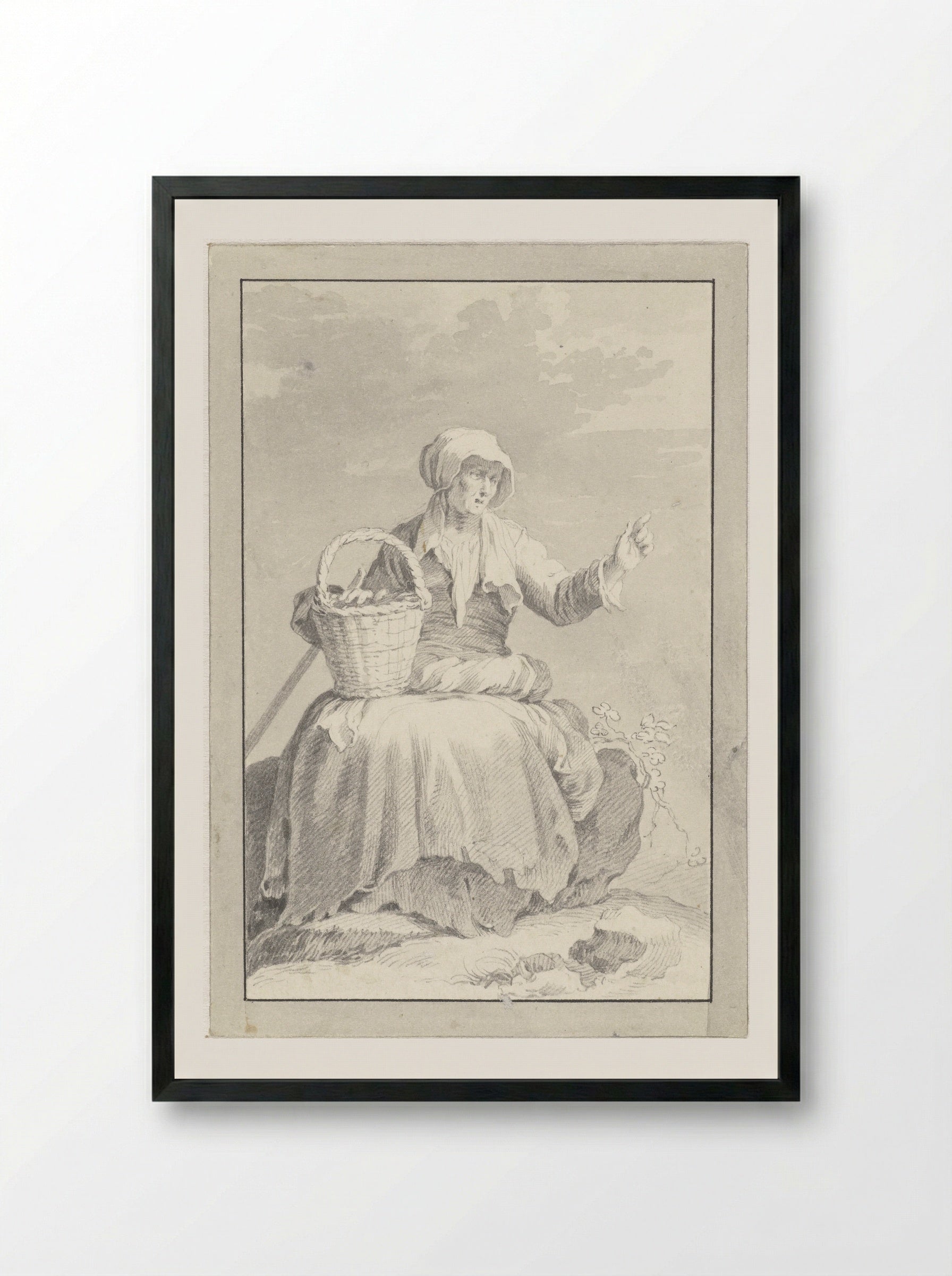 Zittende oude vrouw met geheven hand - Cornelis Pronk - Framed Print Black