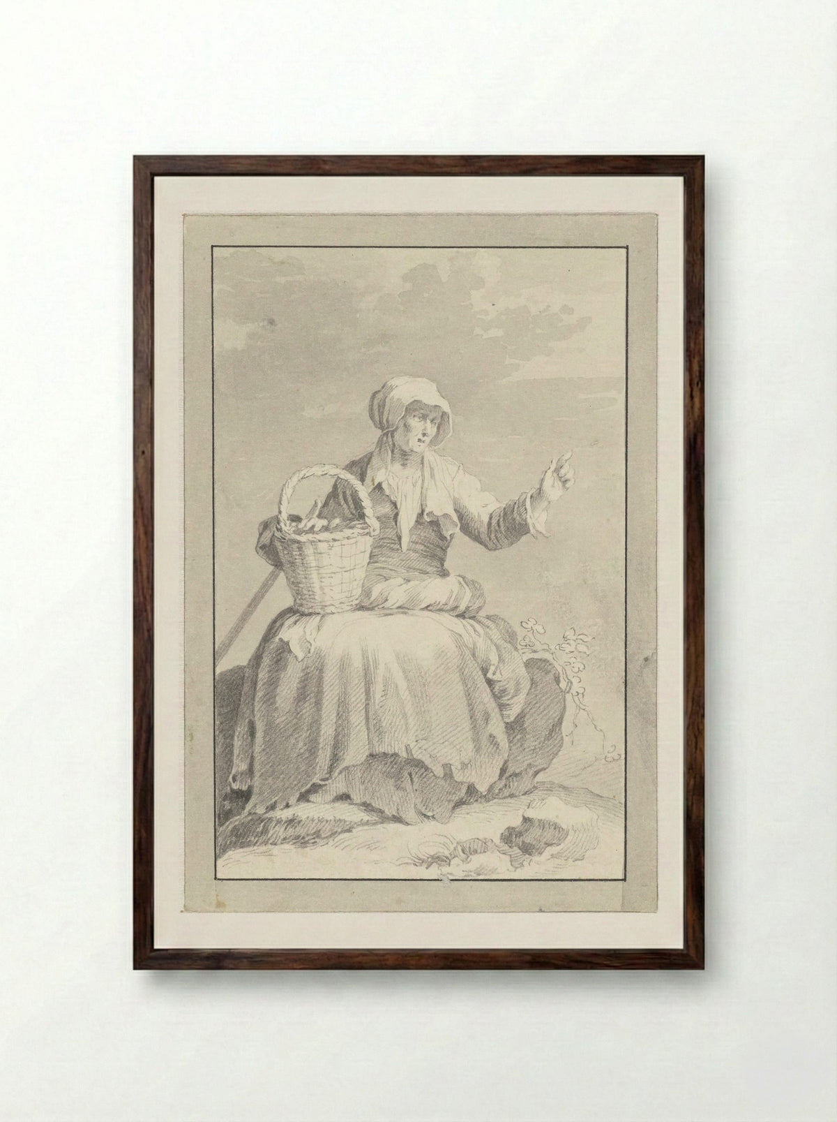 Zittende oude vrouw met geheven hand - Cornelis Pronk - Framed Print Dark Wood