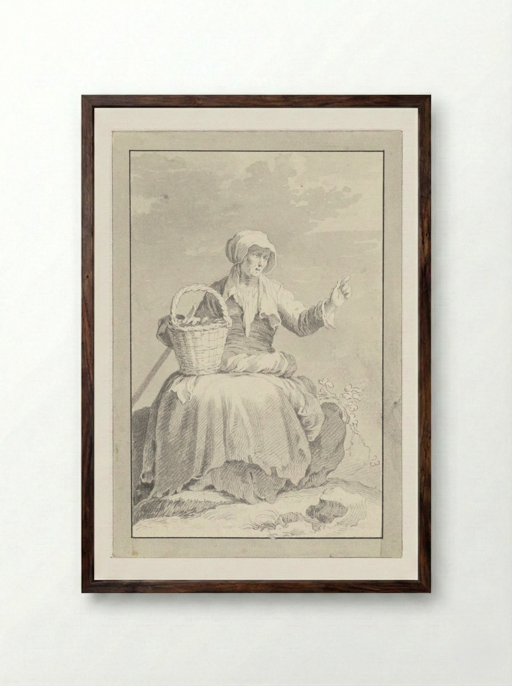 Zittende oude vrouw met geheven hand - Cornelis Pronk - Framed Print Dark Wood