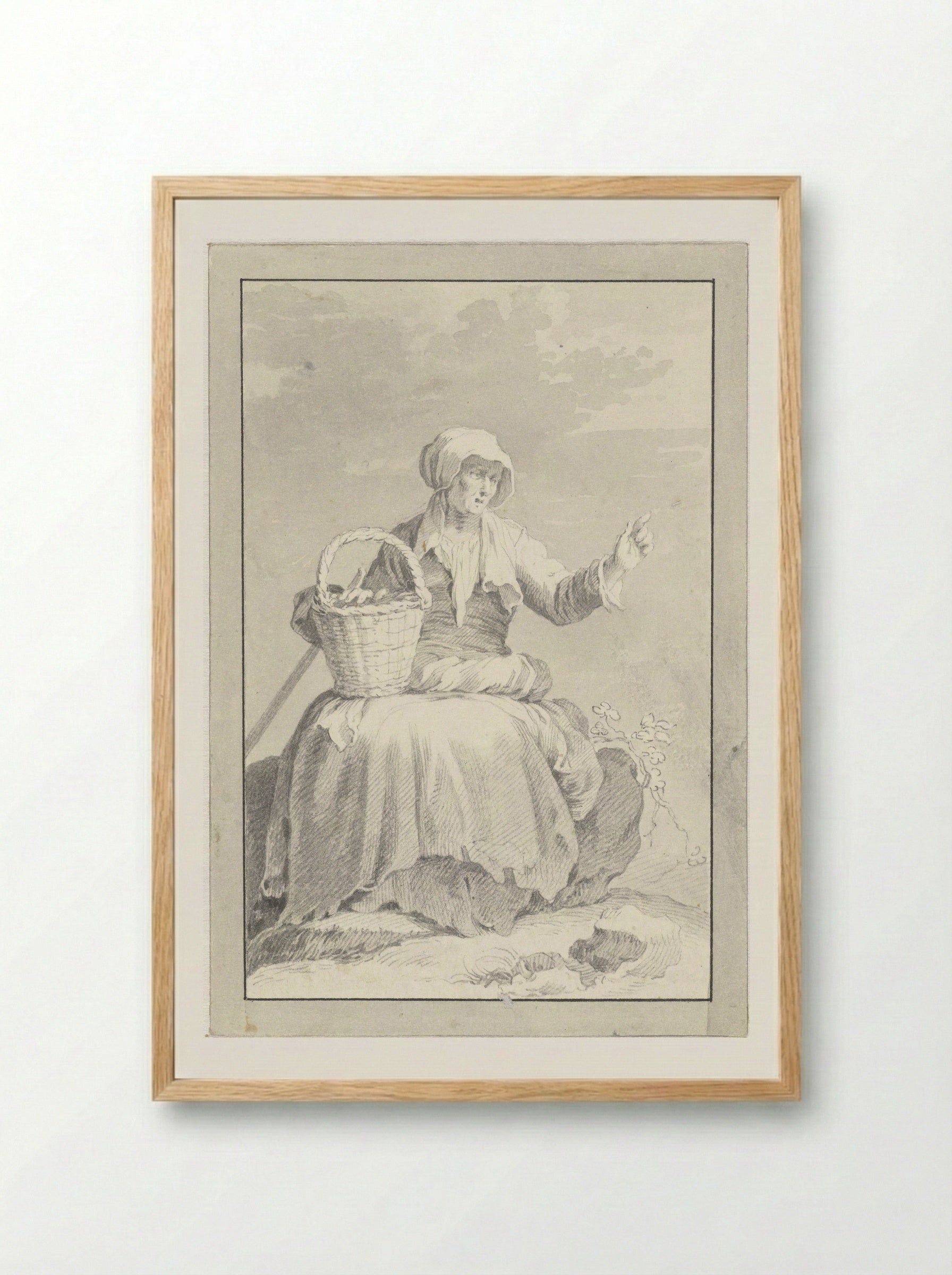Zittende oude vrouw met geheven hand - Cornelis Pronk - Framed Print Wood