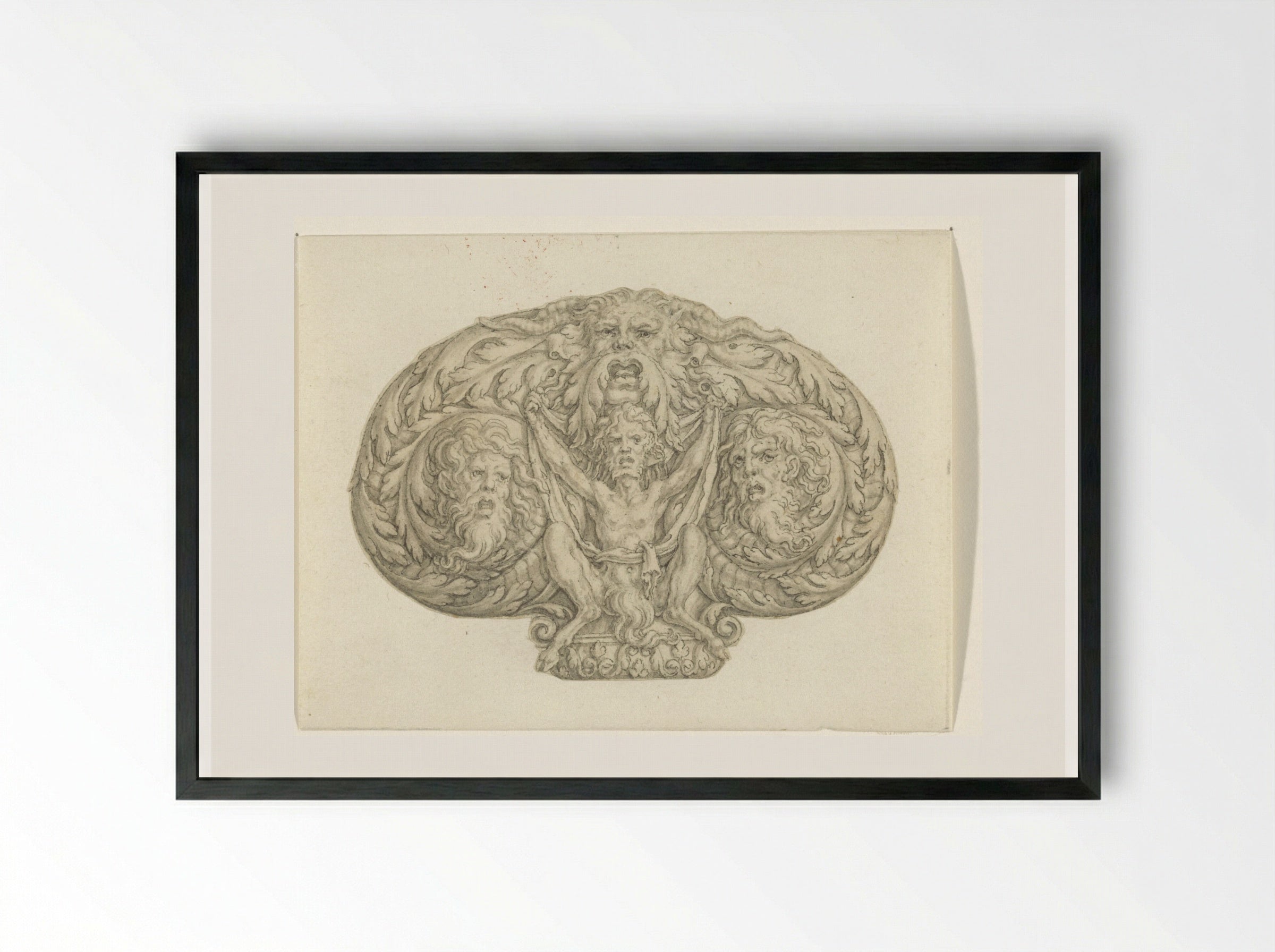 Zittende sater tussen drie koppen en bladmotieven - Heinrich Aldegrever - Framed Print Black