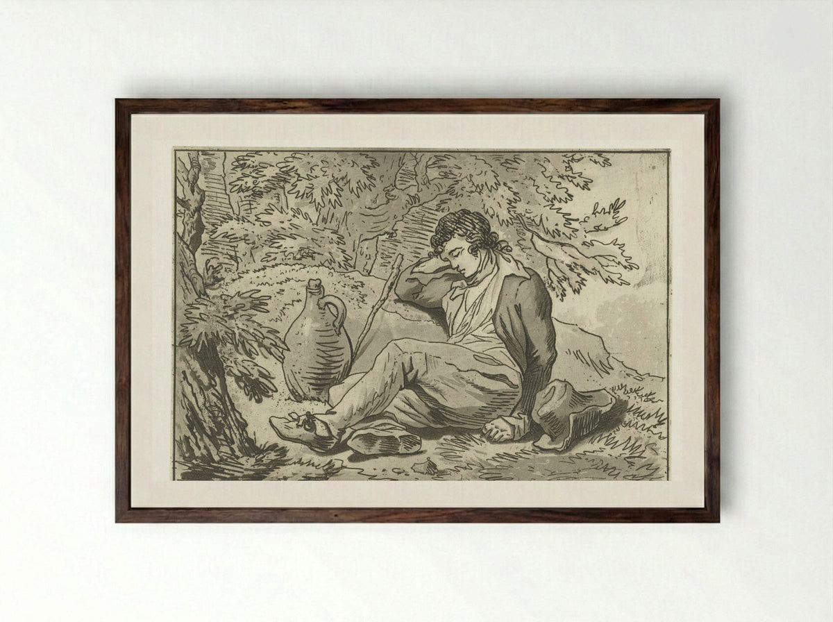 Zittende slapende jongen - Anthonie van den Bos - Framed Print Dark Wood