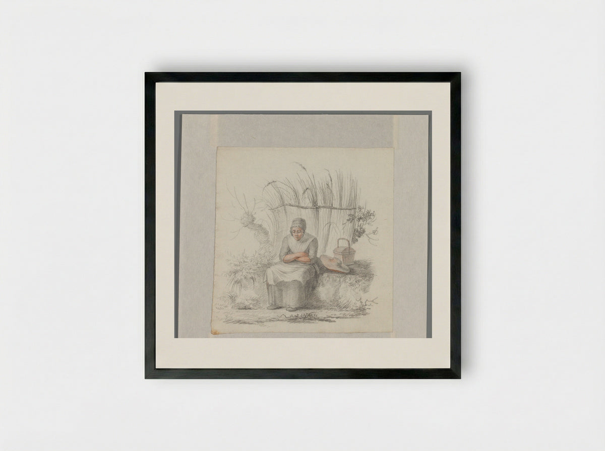 Zittende vrouw in een landschap - Johannes van Reijn - Framed Print Black