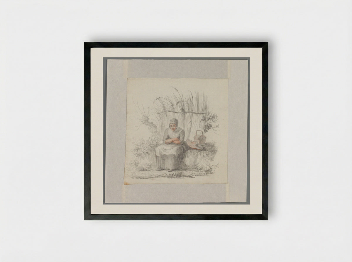 Zittende vrouw in een landschap - Johannes van Reijn - Framed Print Black
