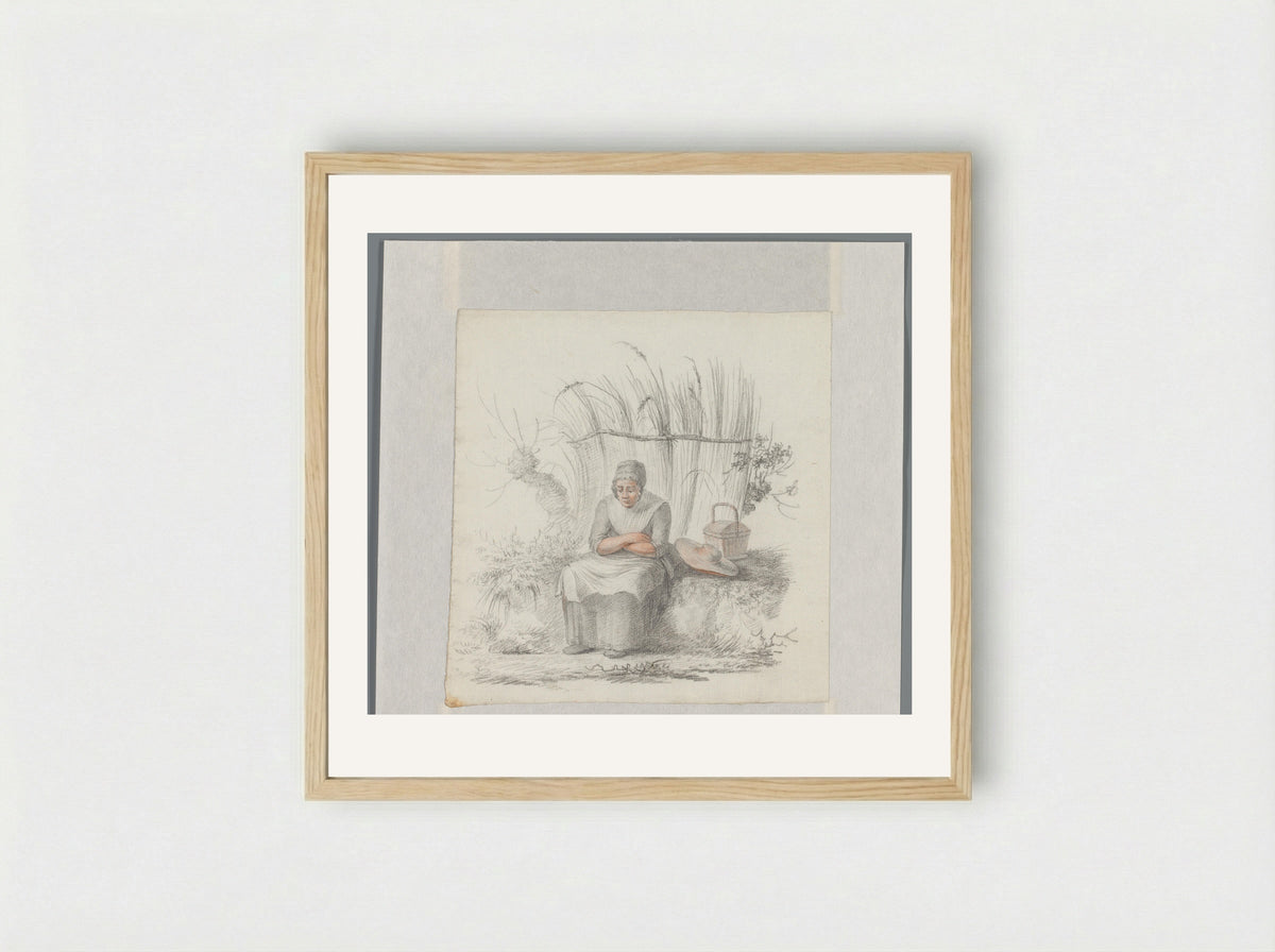 Zittende vrouw in een landschap - Johannes van Reijn - Framed Print Wood