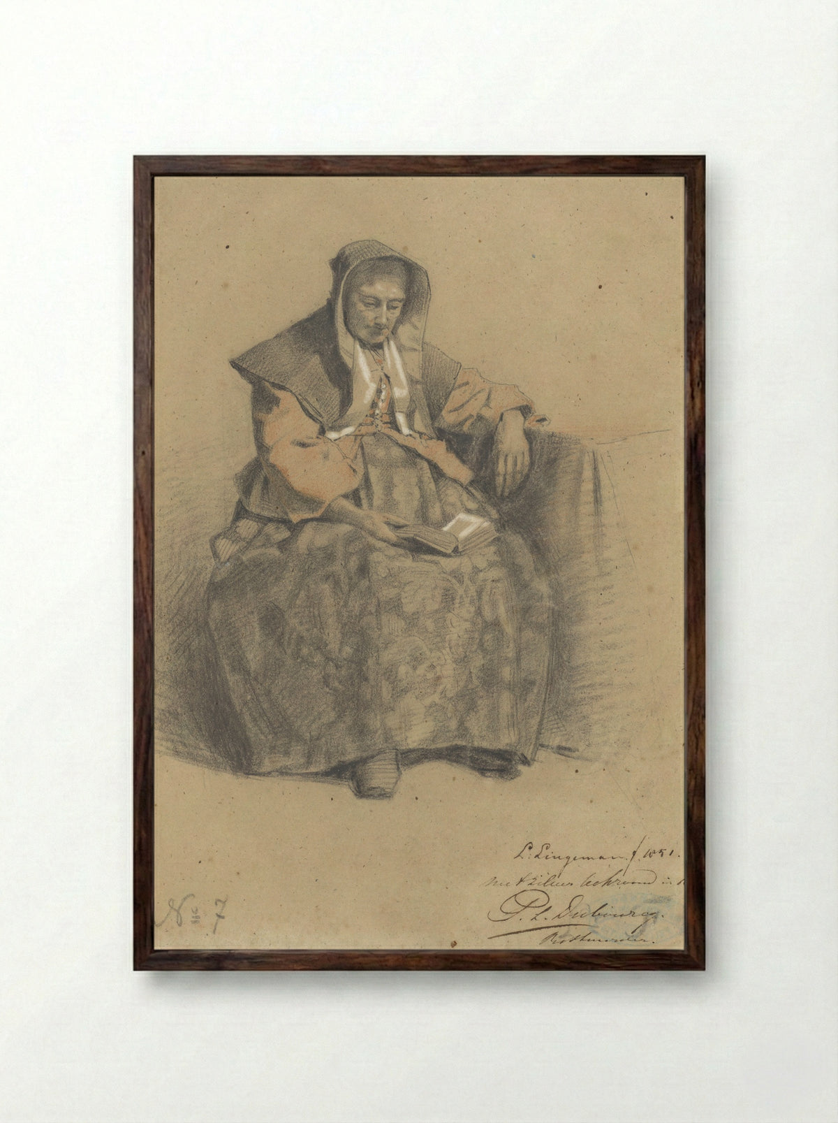 Zittende vrouw met boek - Lambertus Lingeman - Framed Print Dark Wood