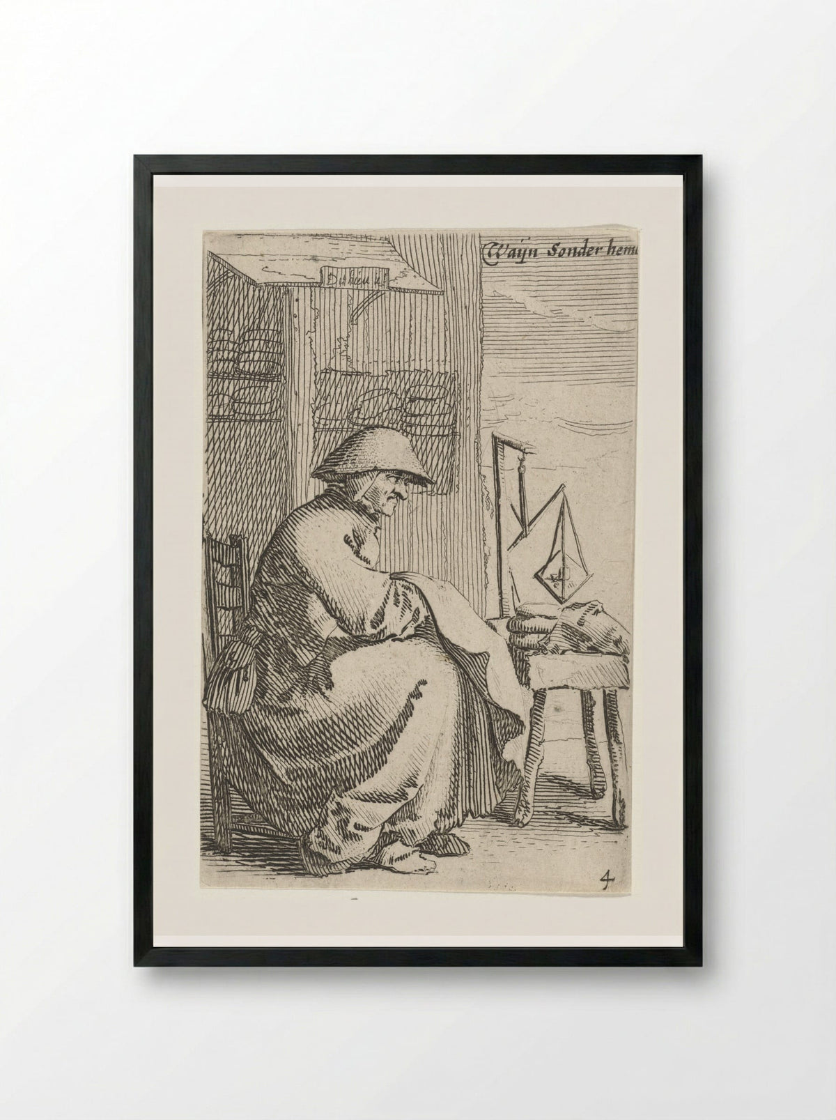 Zittende vrouw met doek over haar arm, voor haar staat een weegschaal op een tafeltje - Salomon Savery - Framed Print Black