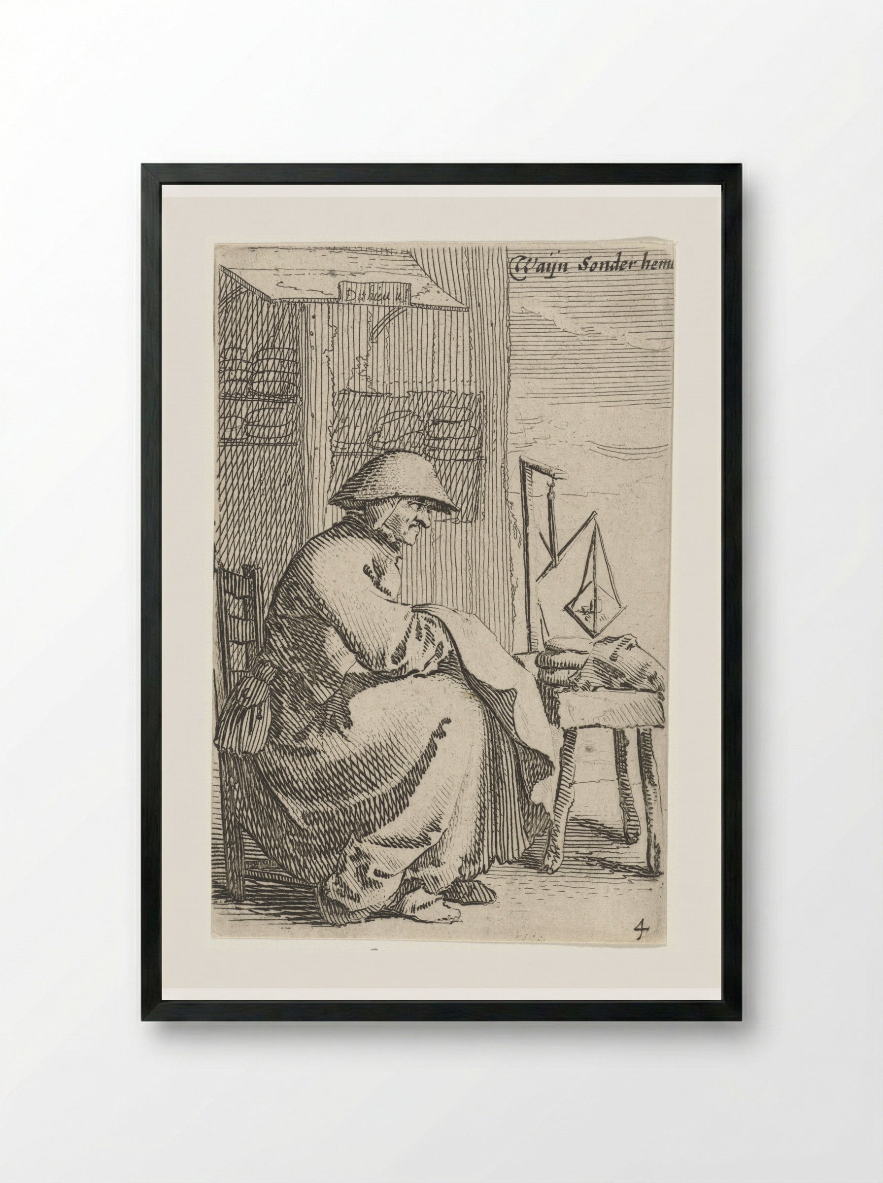 Zittende vrouw met doek over haar arm, voor haar staat een weegschaal op een tafeltje - Salomon Savery - Framed Print Black