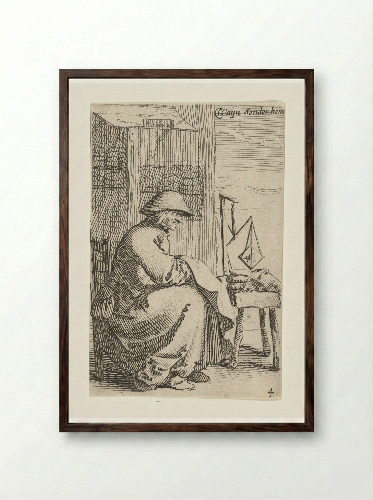 Zittende vrouw met doek over haar arm, voor haar staat een weegschaal op een tafeltje - Salomon Savery - Framed Print Dark Wood
