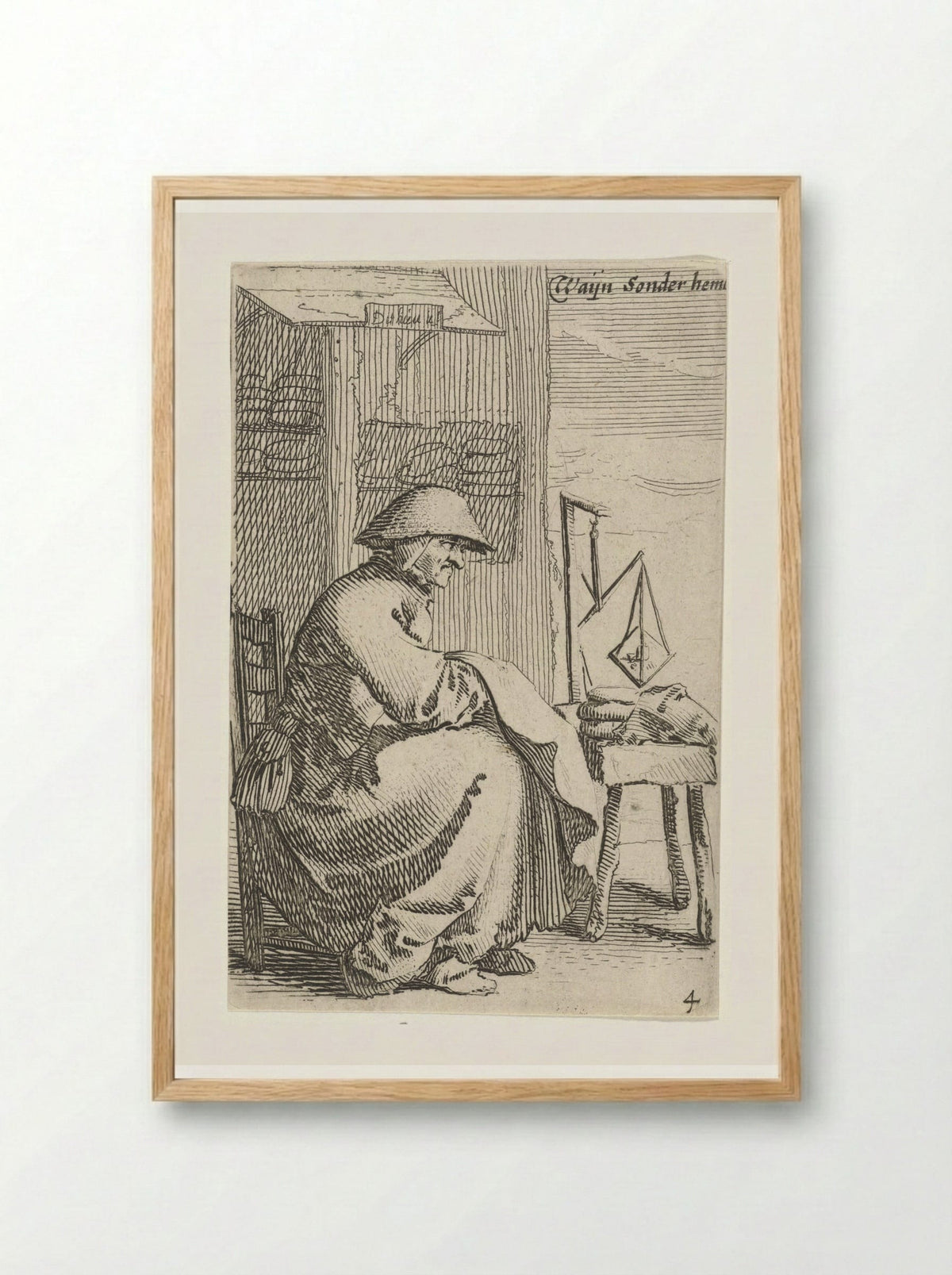 Zittende vrouw met doek over haar arm, voor haar staat een weegschaal op een tafeltje - Salomon Savery - Framed Print Wood