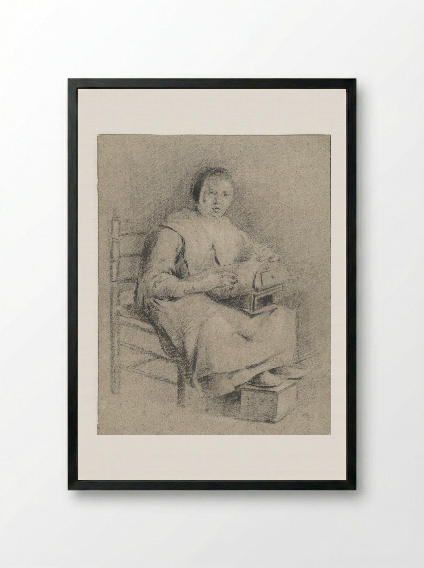 Zittende vrouw met kloskussen op schoot - Quiringh Gerritsz. van Brekelenkam - Framed Print Black
