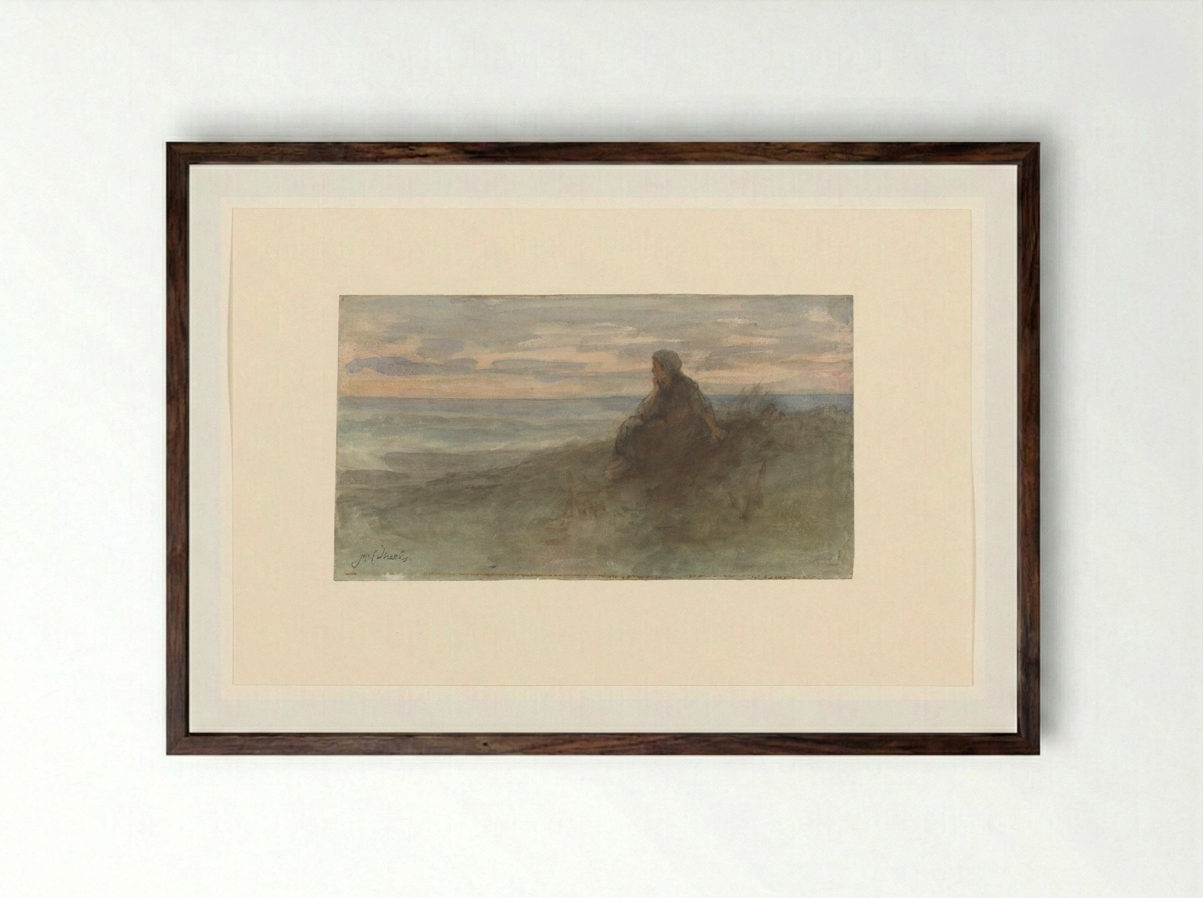 Zittende vrouw op een duin bij zee - Jozef Israëls - Framed Print Dark Wood