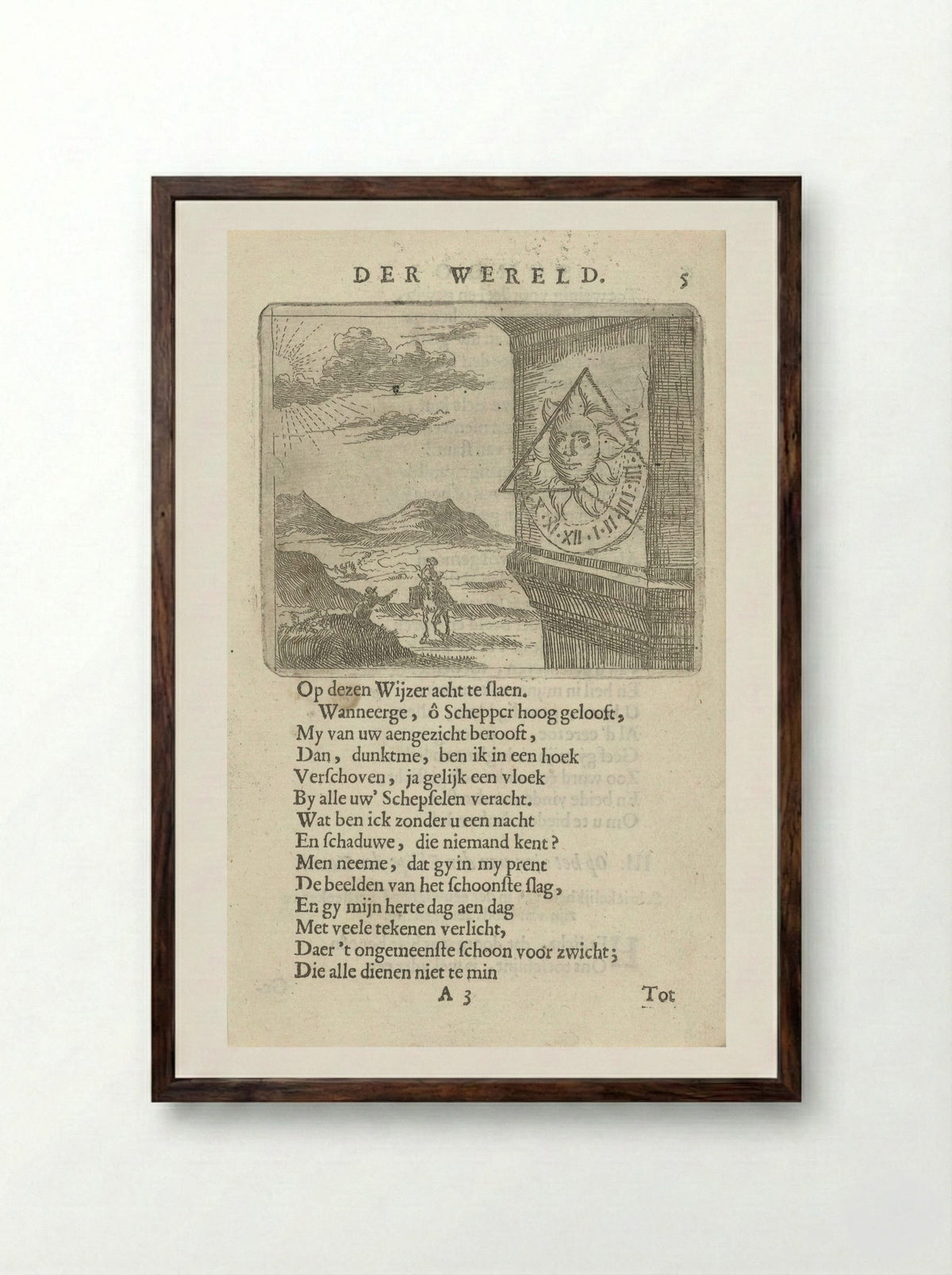 Zonnewijzer in een landschap met twee figuren - Arnold Houbraken - Framed Print Dark Wood