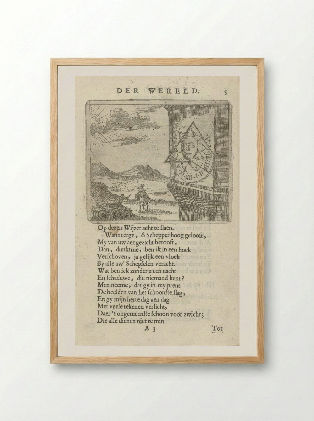 Zonnewijzer in een landschap met twee figuren - Arnold Houbraken - Framed Print Wood