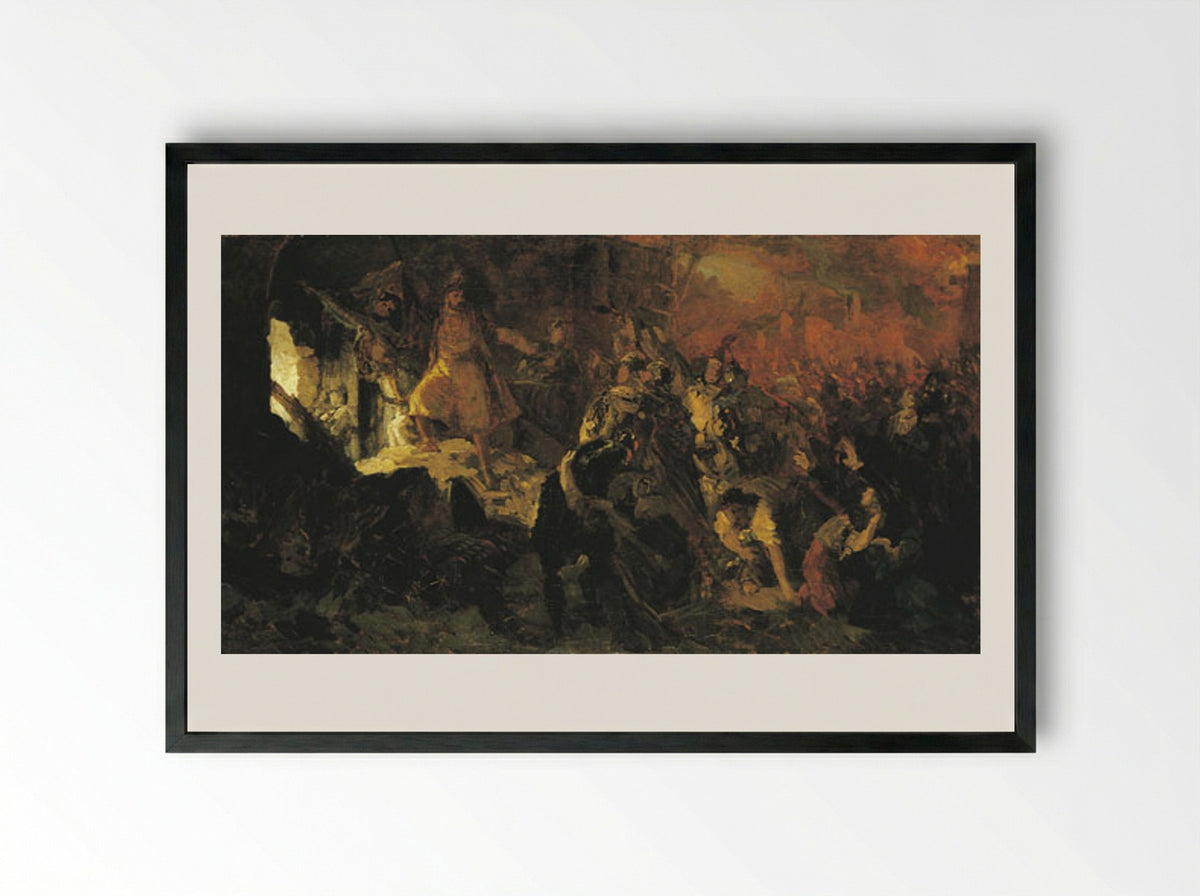 Zrinyi's Charge from the Fortress of Szigetvár - Bertalan Székely - Framed Print Black