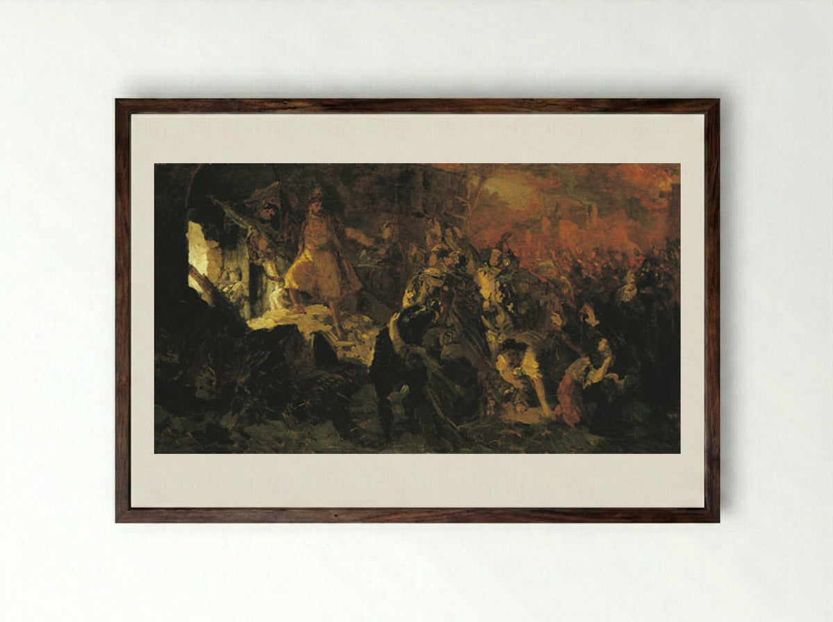 Zrinyi's Charge from the Fortress of Szigetvár - Bertalan Székely - Framed Print Dark Wood