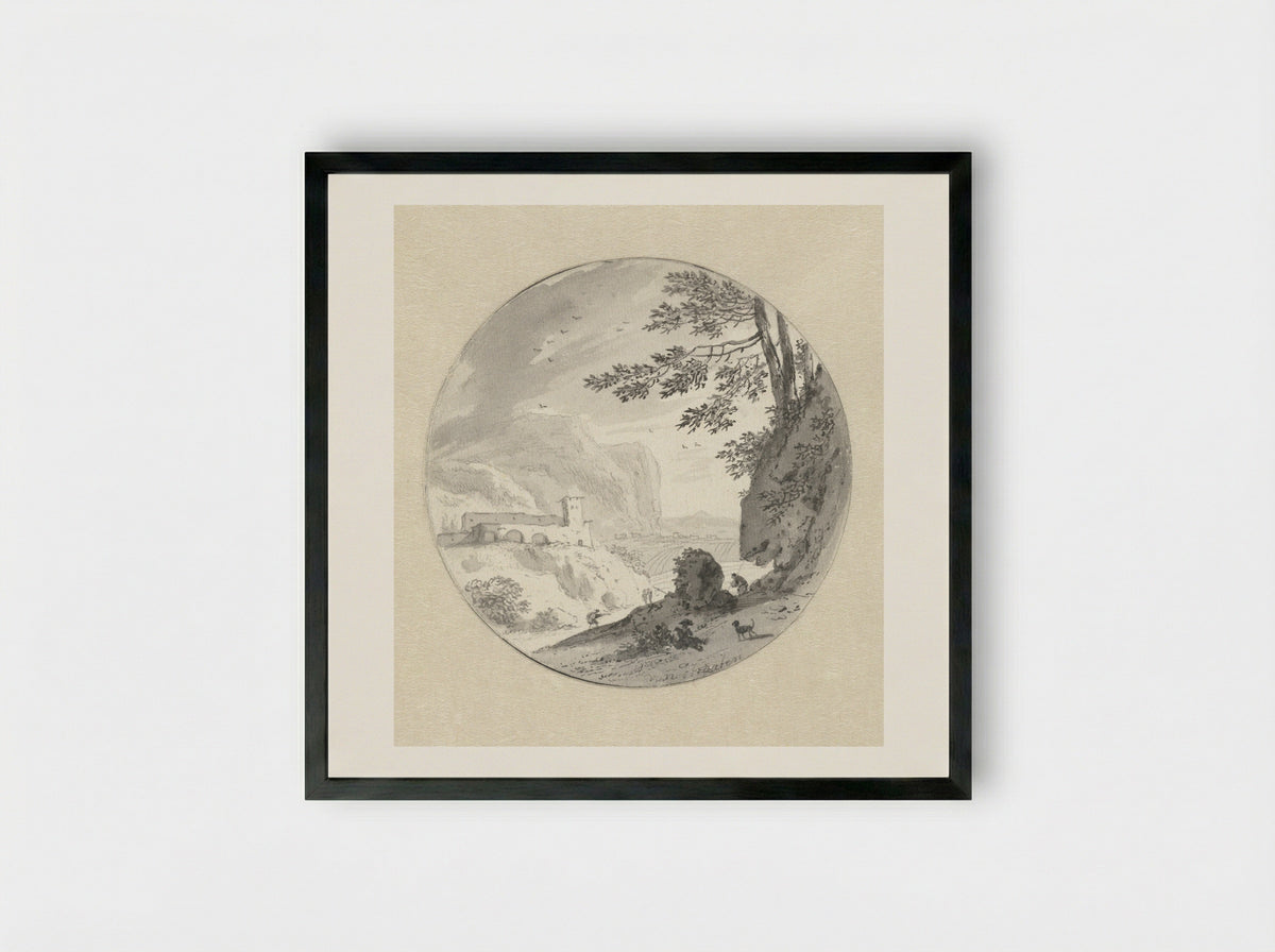 Zuidelijk berglandschap met een klooster in een vallei - Hendrik van der Straaten - Framed Print Black