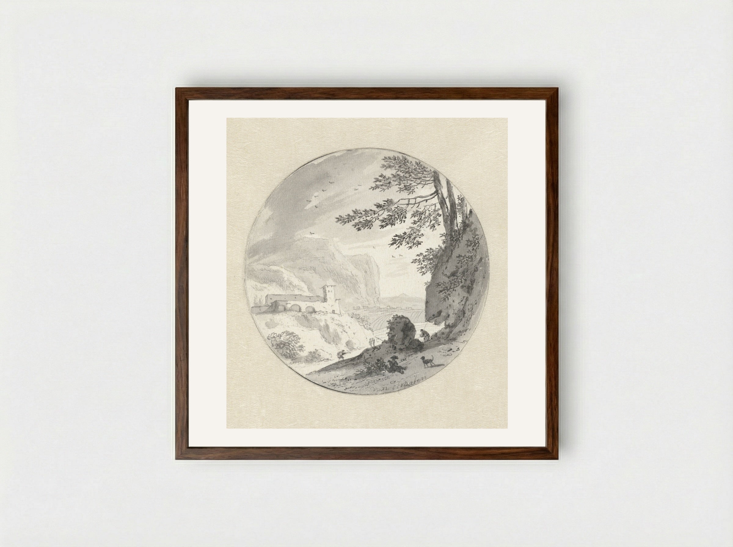 Zuidelijk berglandschap met een klooster in een vallei - Hendrik van der Straaten - Framed Print Dark Wood