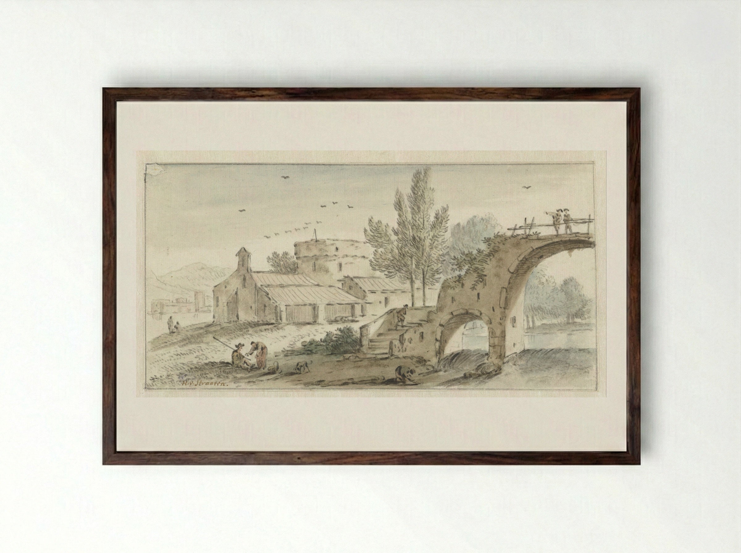 Zuidelijk landschap met een stenen brug - Hendrik van der Straaten - Framed Print Dark Wood