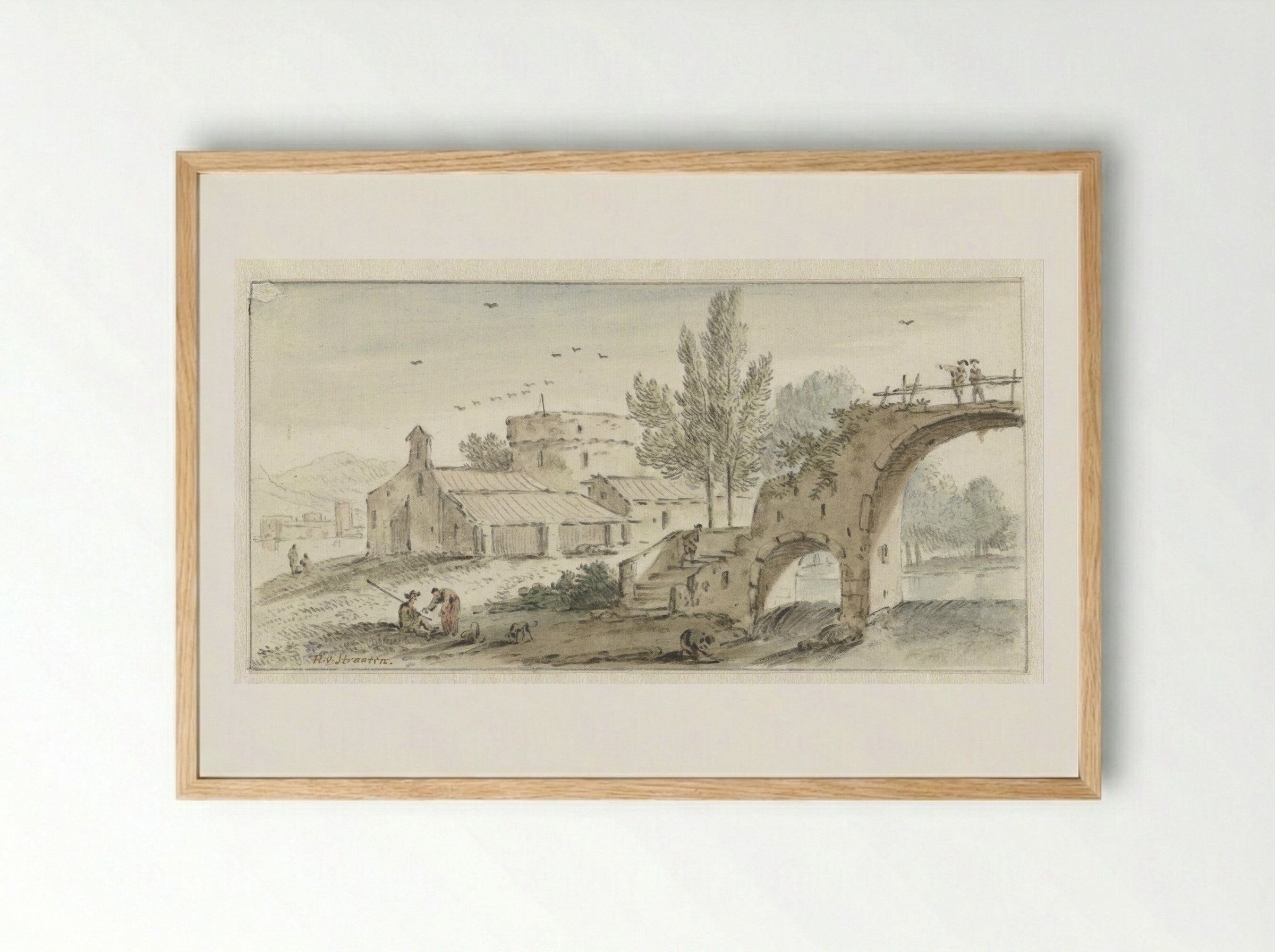 Zuidelijk landschap met een stenen brug - Hendrik van der Straaten - Framed Print Wood