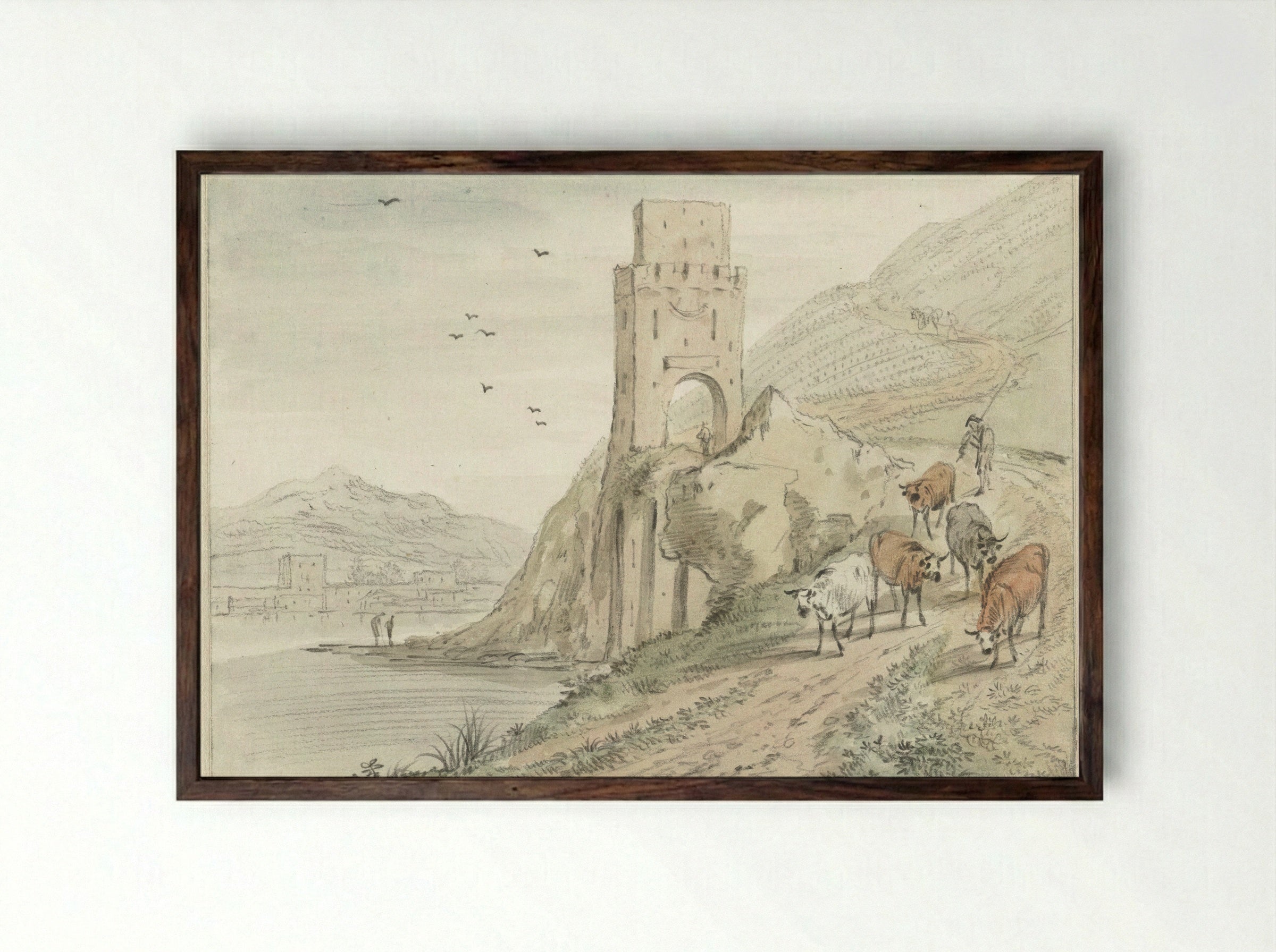 Zuidelijk rivierlandschap met bergen en een poort - Hendrik van der Straaten - Framed Print Dark Wood
