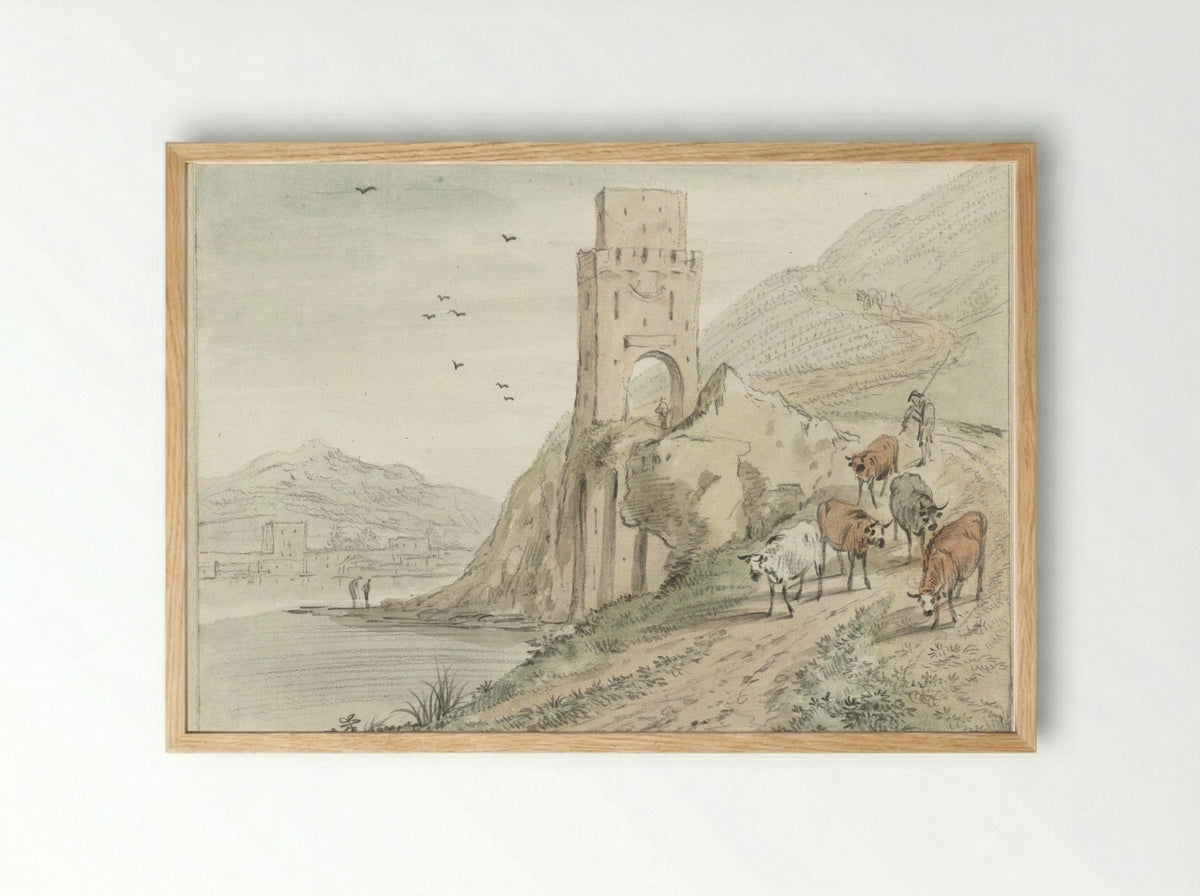 Zuidelijk rivierlandschap met bergen en een poort - Hendrik van der Straaten - Framed Print Wood