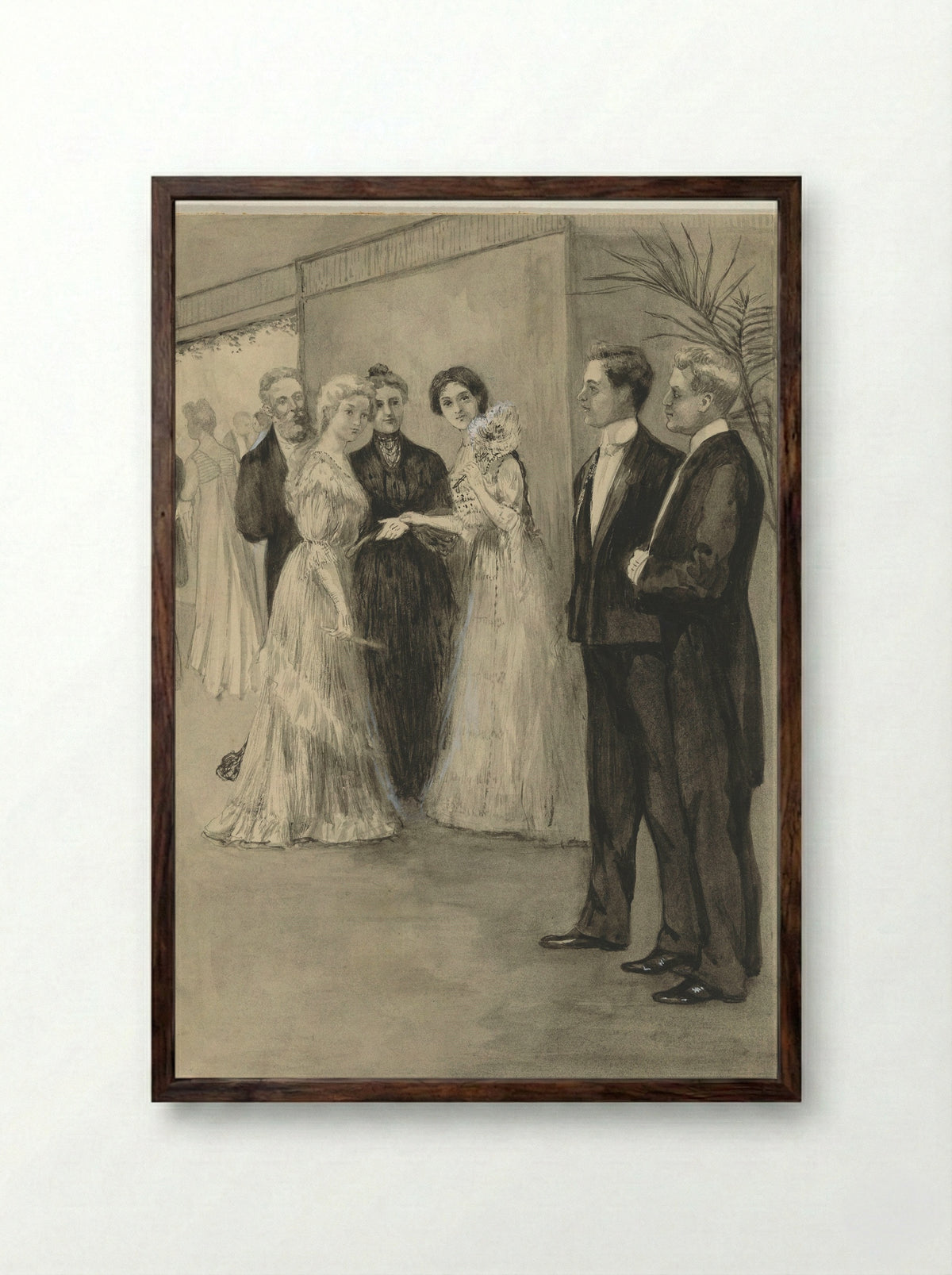 Zusjes in avondkleding bekijken twee jongemannen - Anna Maria Kruijff - Framed Print Dark Wood