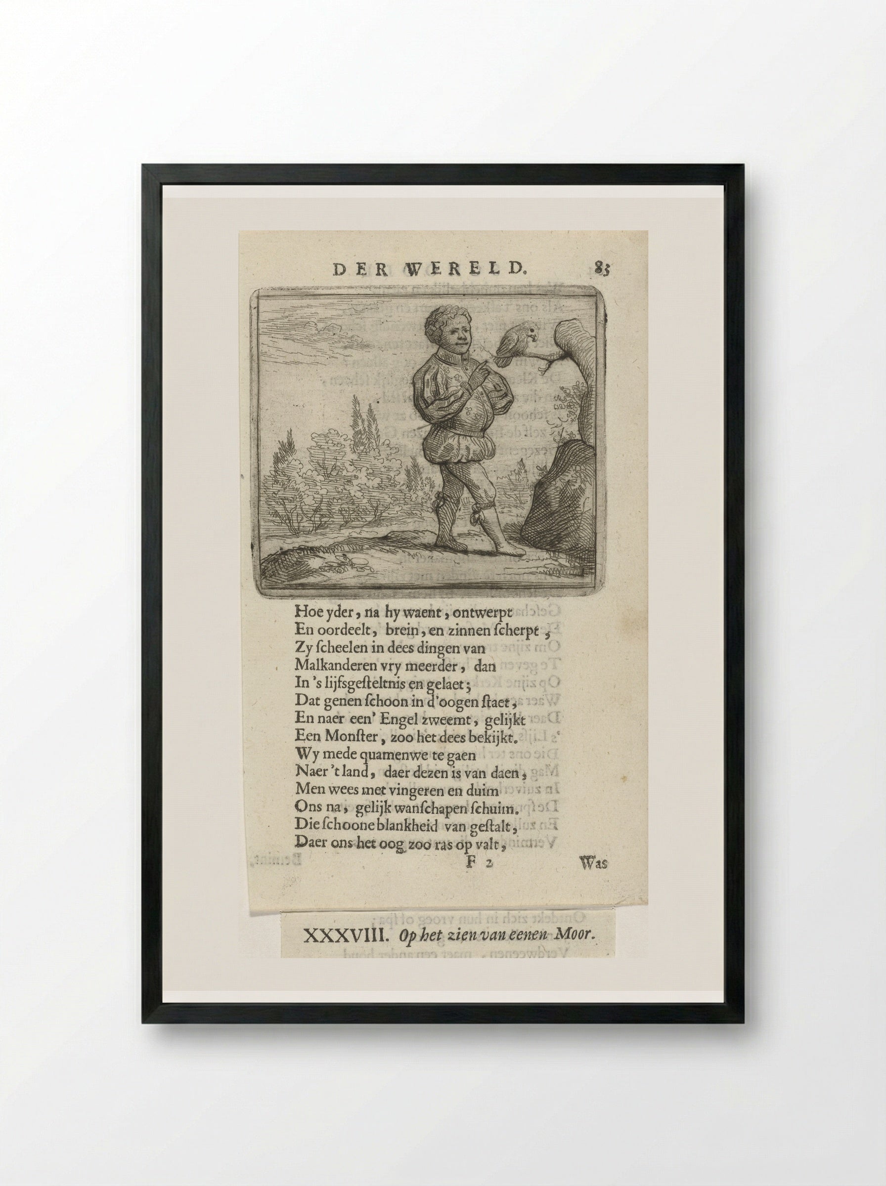 Zwarte man bij een vogel op een tak - Arnold Houbraken - Framed Print Black