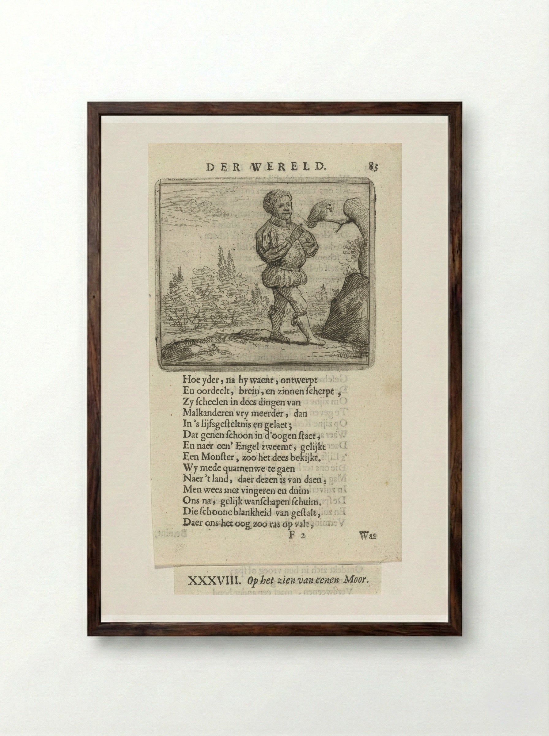 Zwarte man bij een vogel op een tak - Arnold Houbraken - Framed Print Dark Wood