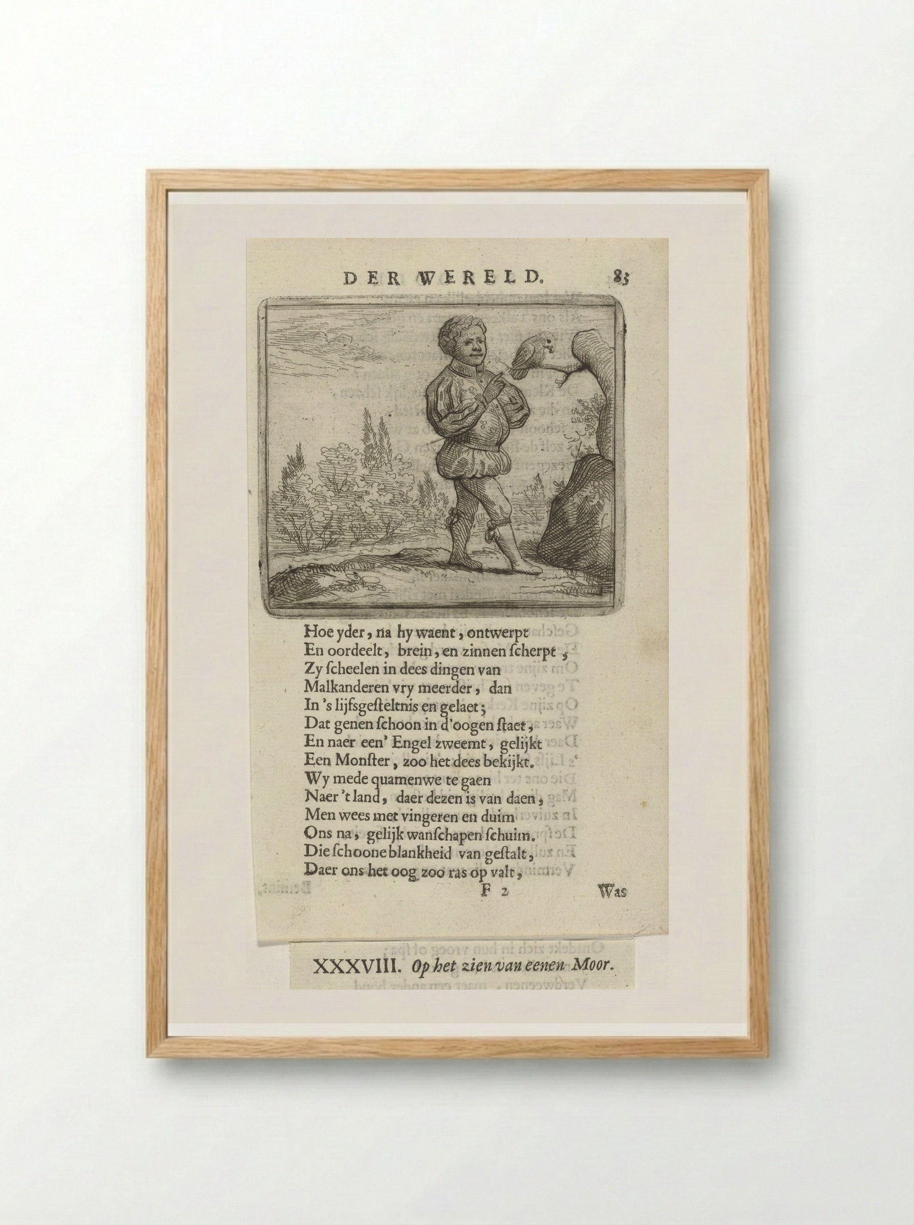 Zwarte man bij een vogel op een tak - Arnold Houbraken - Framed Print Wood