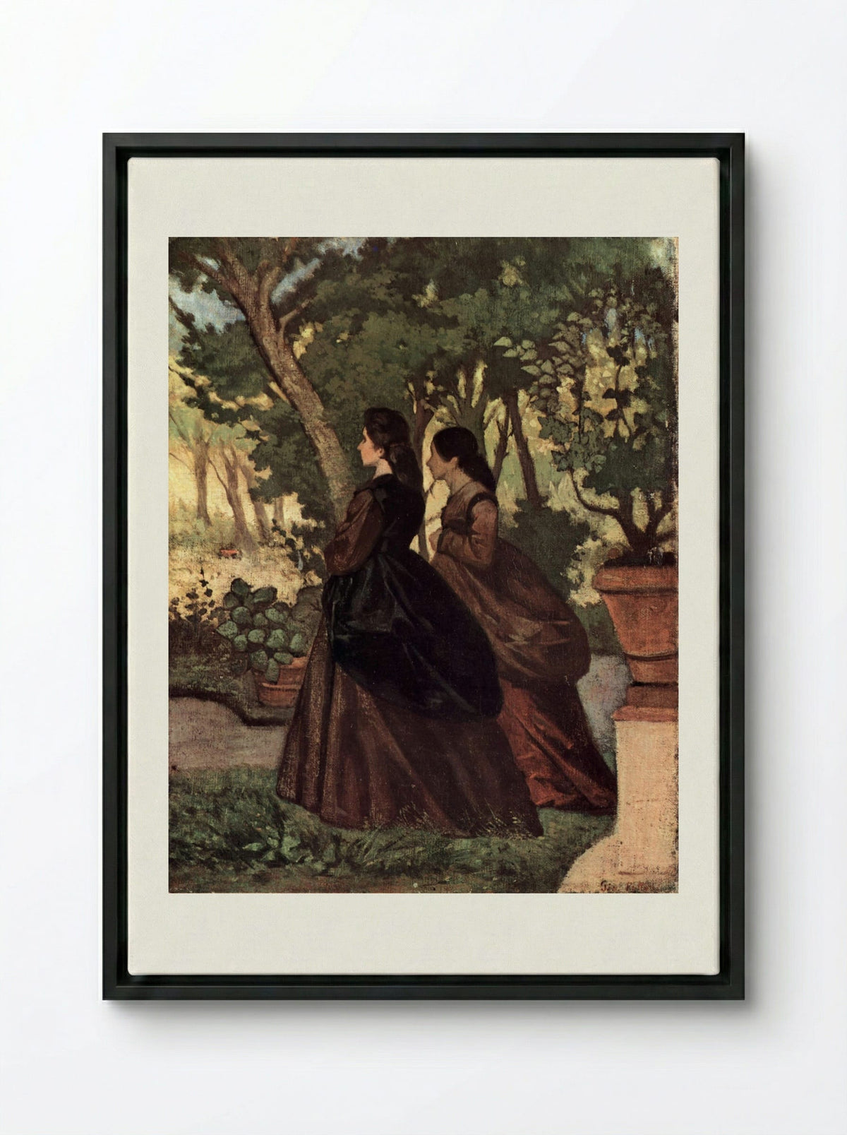 Zwei Damen im Garten von Castiglioncello - Giovanni Fattori - Framed Canvas Black