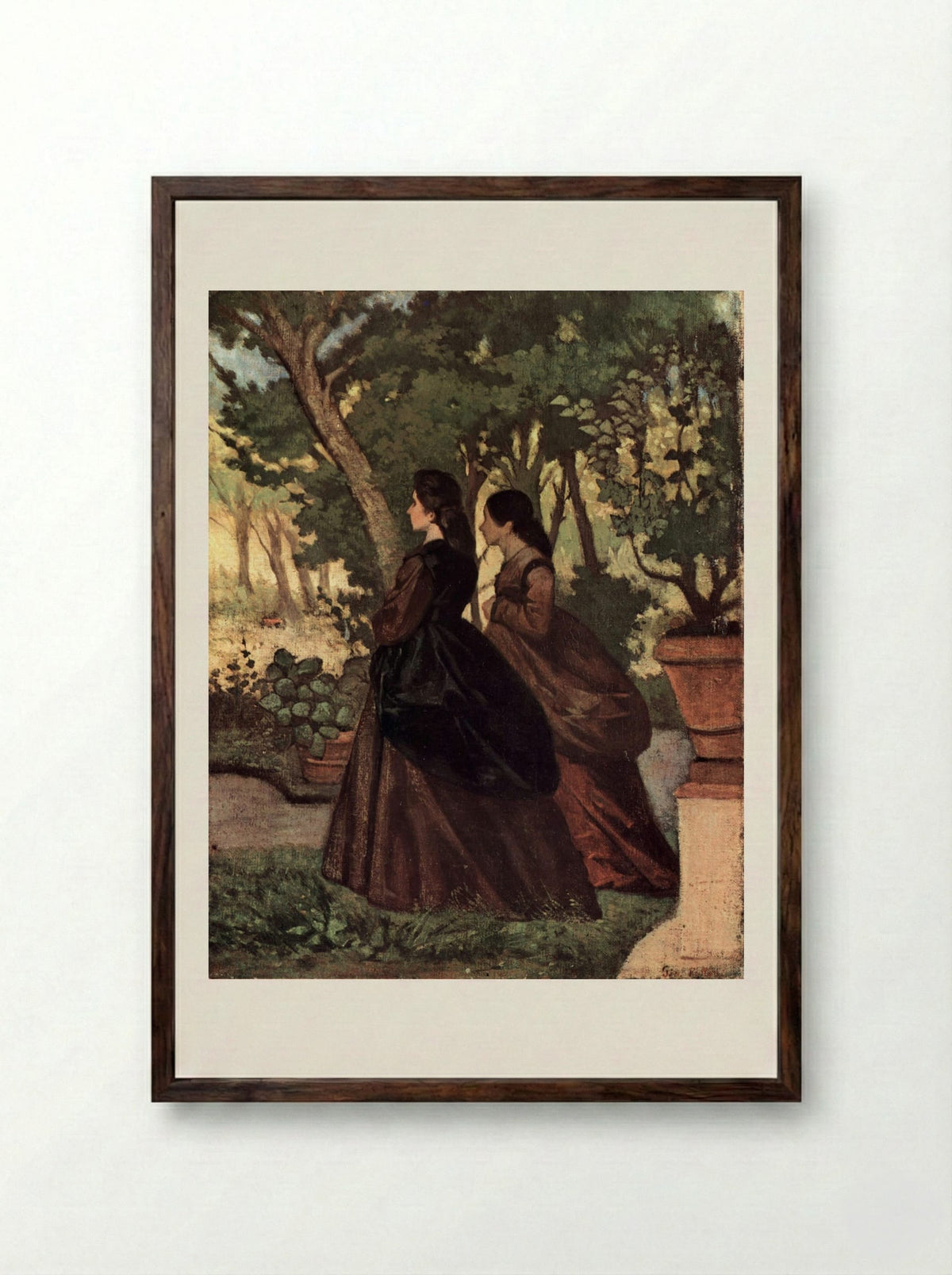 Zwei Damen im Garten von Castiglioncello - Giovanni Fattori - Framed Print Dark Wood