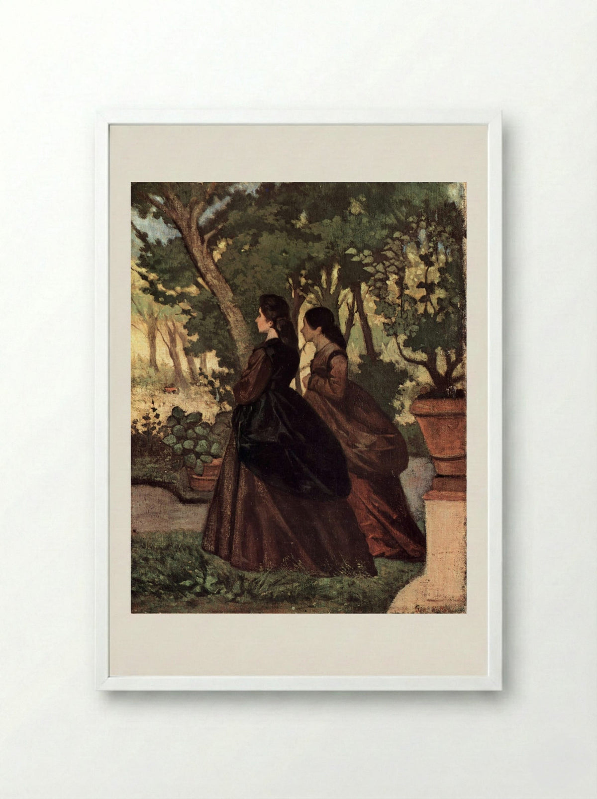 Zwei Damen im Garten von Castiglioncello - Giovanni Fattori - Framed Print White
