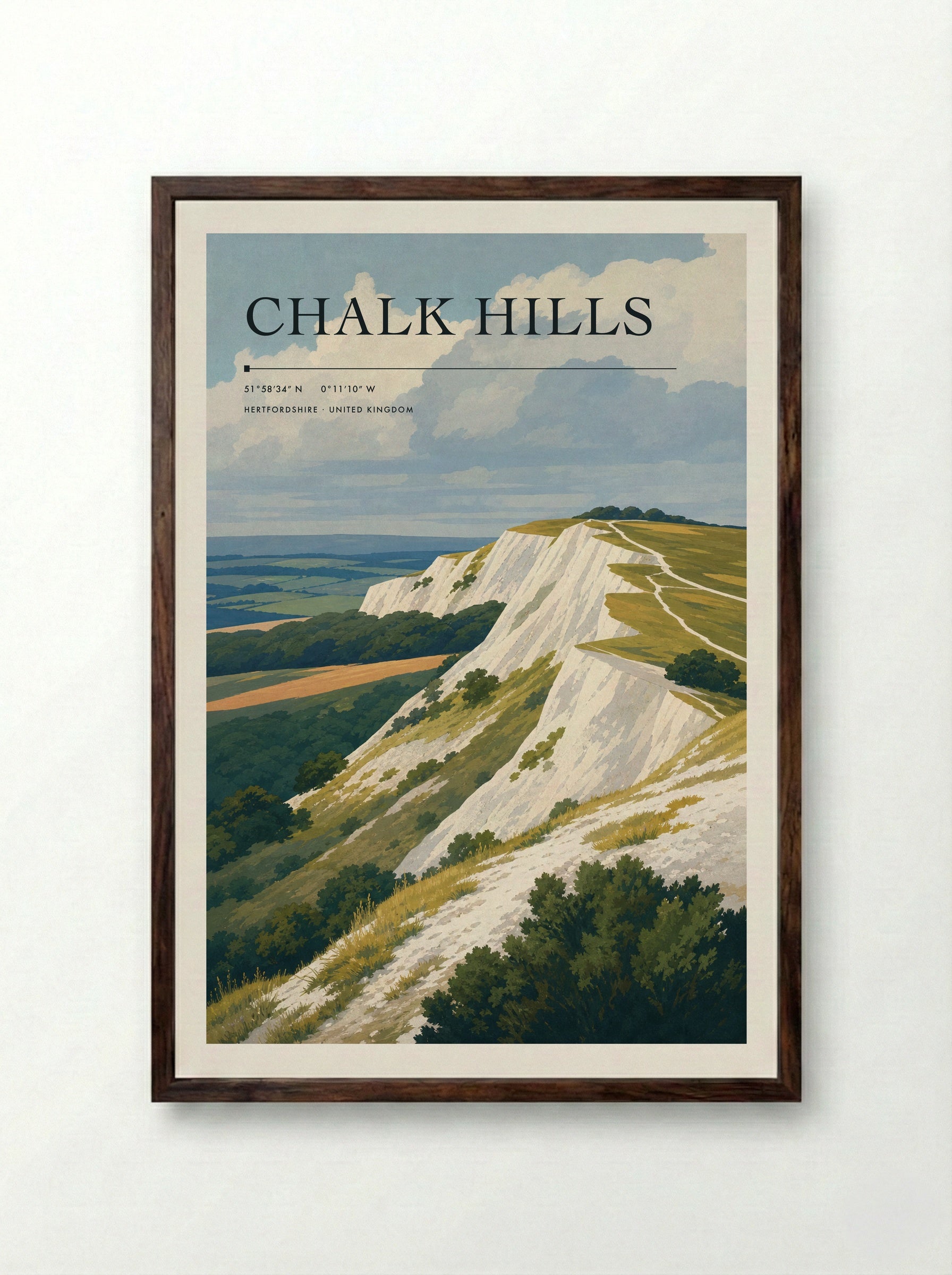 chalk hills Hertfordshire United Kingdom Travel Poster - Framed Print Dark Wood