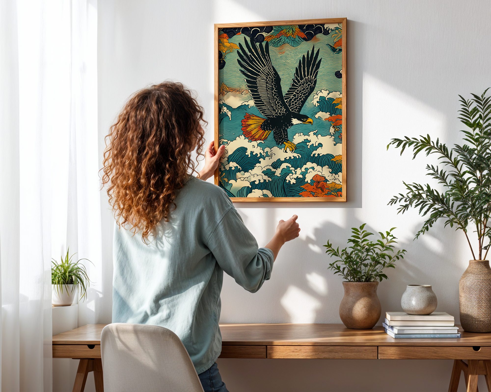 eagle-above-waves-and-blossoms-japanese-tattoo-style-print mockup