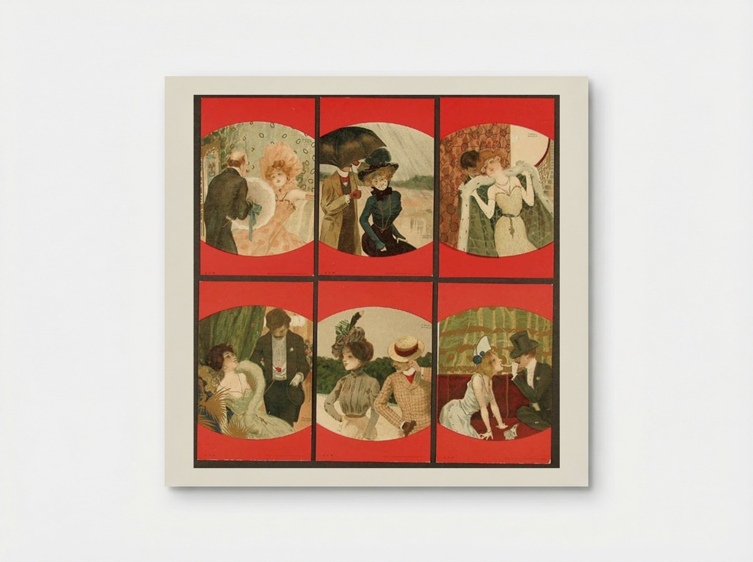 Untitled (Six Romantic Couples in Oval Frames, Colour Lithograph) - Raphael Kirchner - Poster