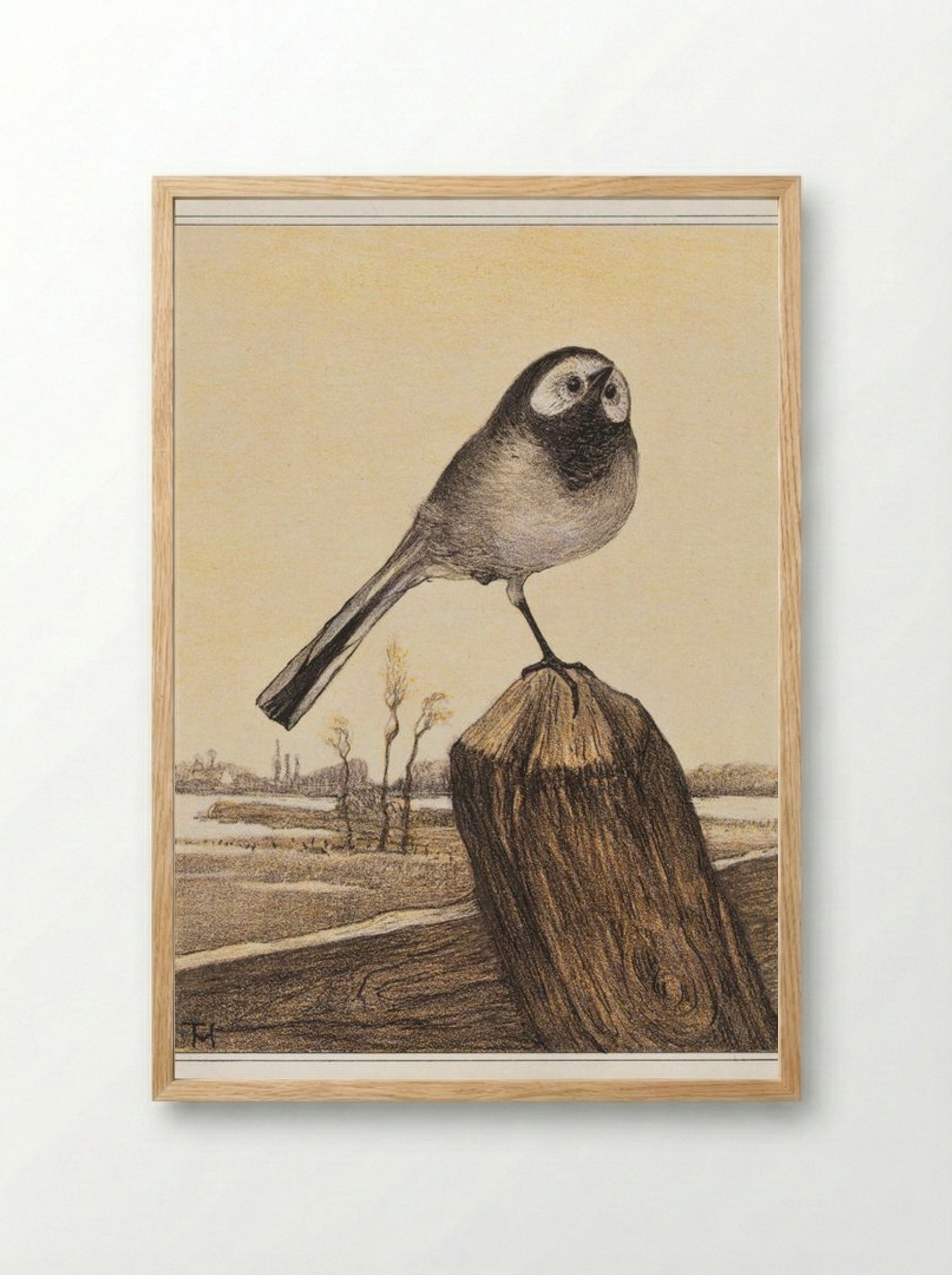 Kwikstaart op paal (Wagtail on a Post) - Theo van Hoytema - Framed Print Wood