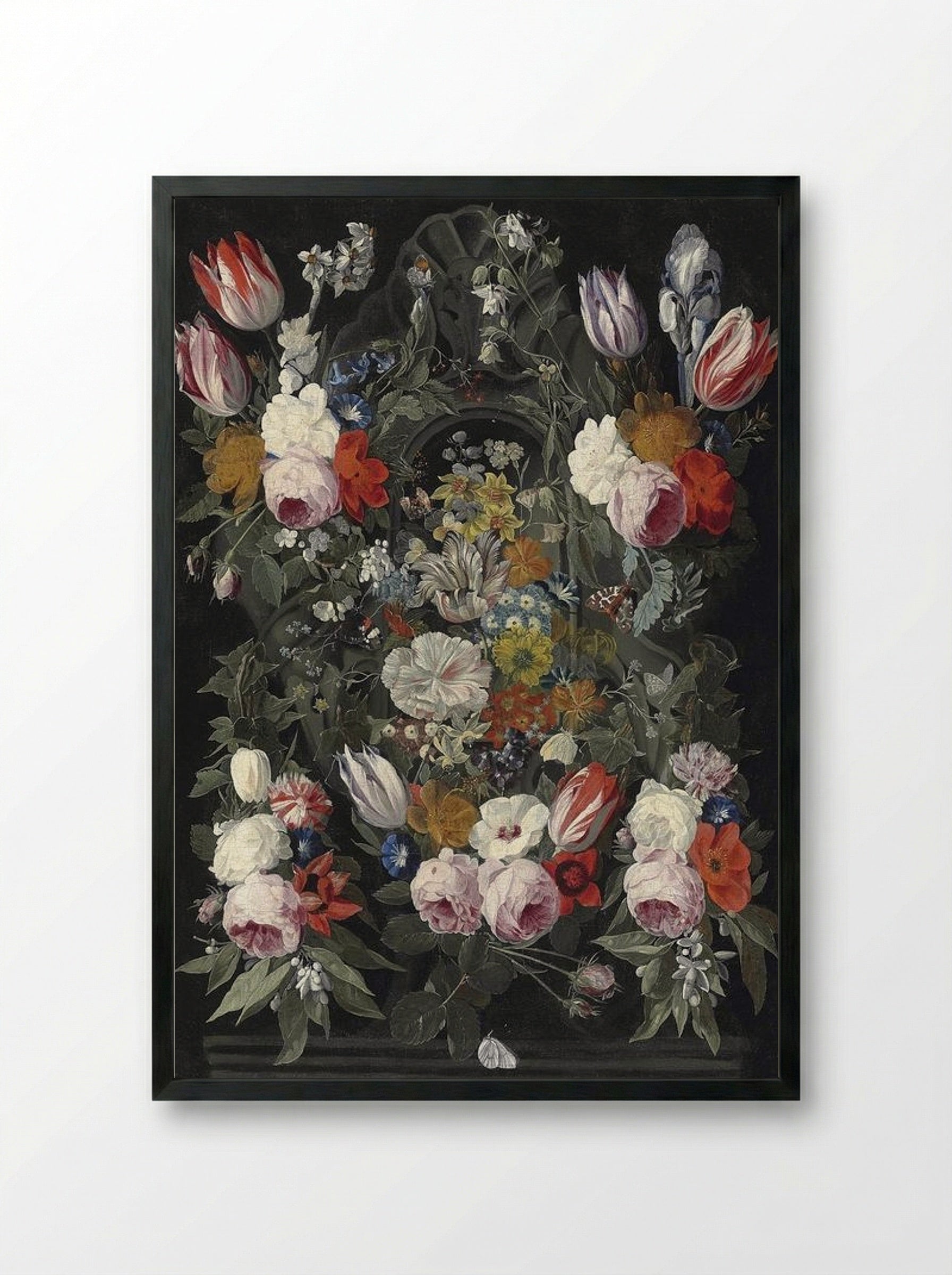 Flowers and Butterflies in Front of a Sculpted Cartouche - Jan van Kessel the Elder - Framed Print Black
