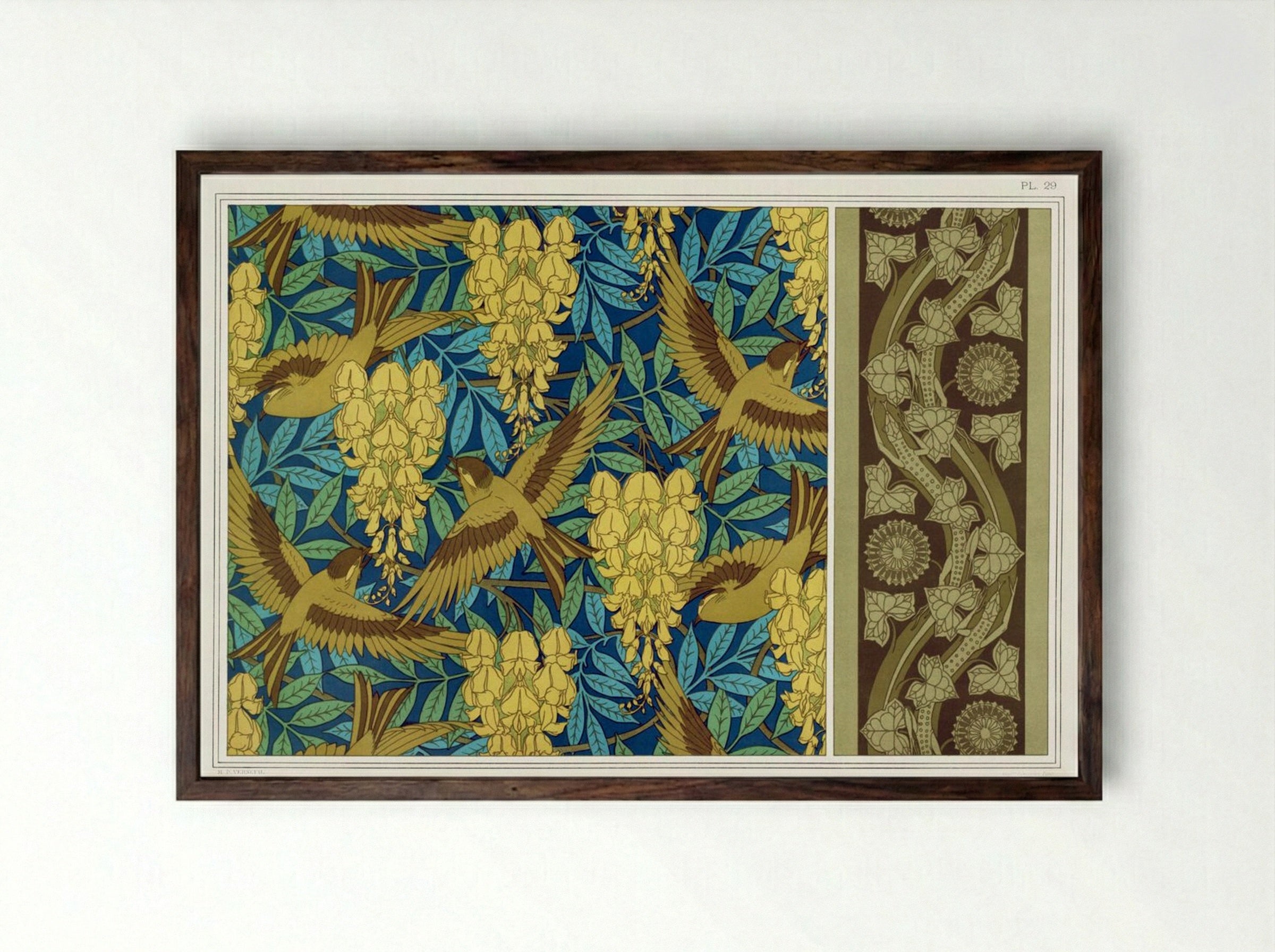 Oiseaux et Glycines, Tenture; Lézards et Lierre, Bordure - Maurice Pillard Verneuil - Framed Print Dark Wood