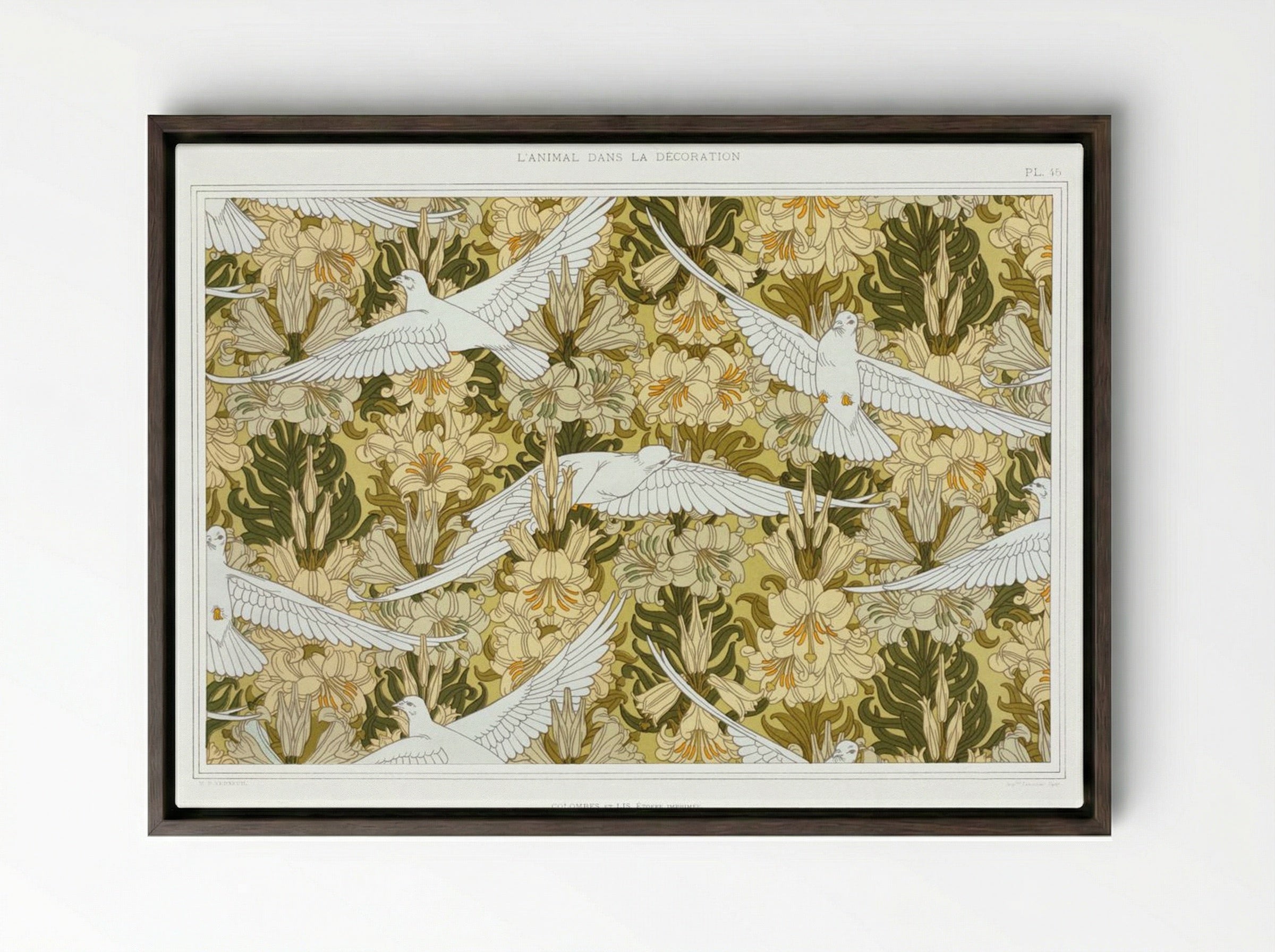 Colombes et Lis, Étoffe Imprimée (Doves and Lilies, Printed Fabric) - Maurice Pillard Verneuil - Framed Canvas Dark Wood