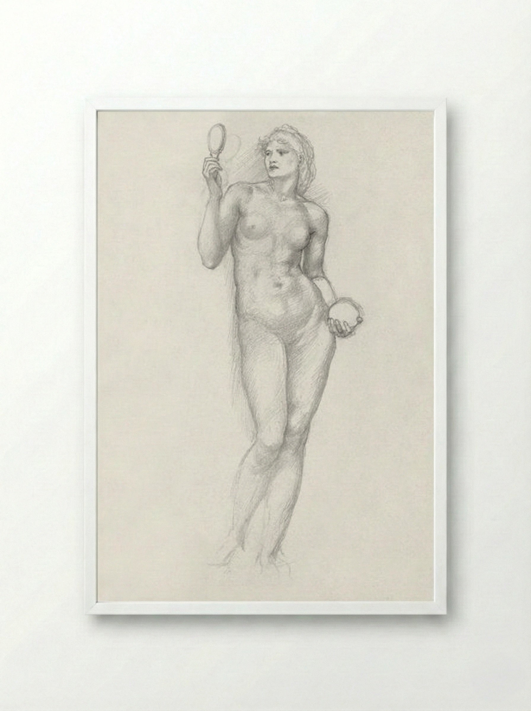 Nude Female Figure with Mirror - Edward Burne-Jones - Framed Print White