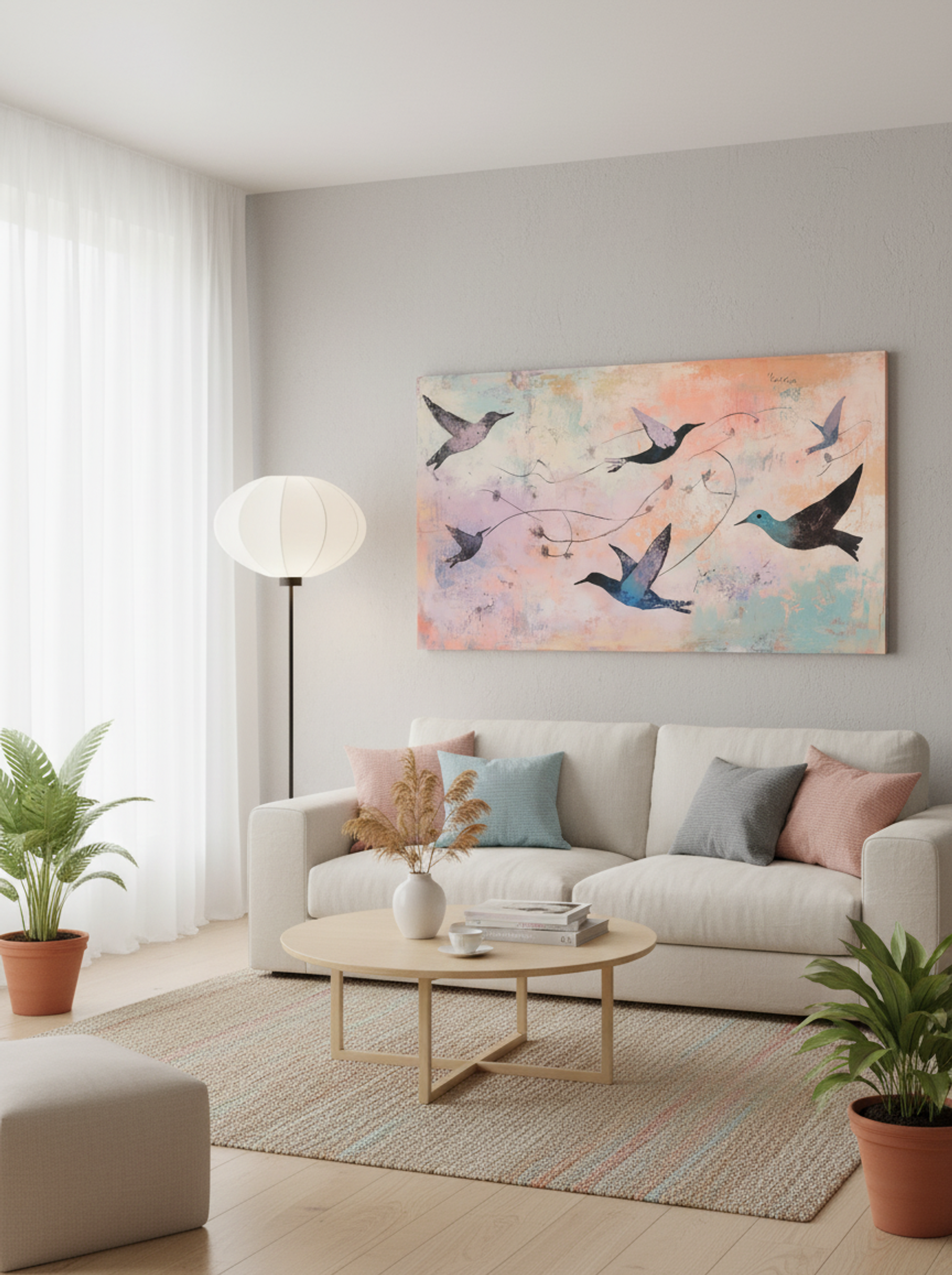 Skyward Drift – Hummingbirds in Flight on Pastel Horizon - Lifestyle