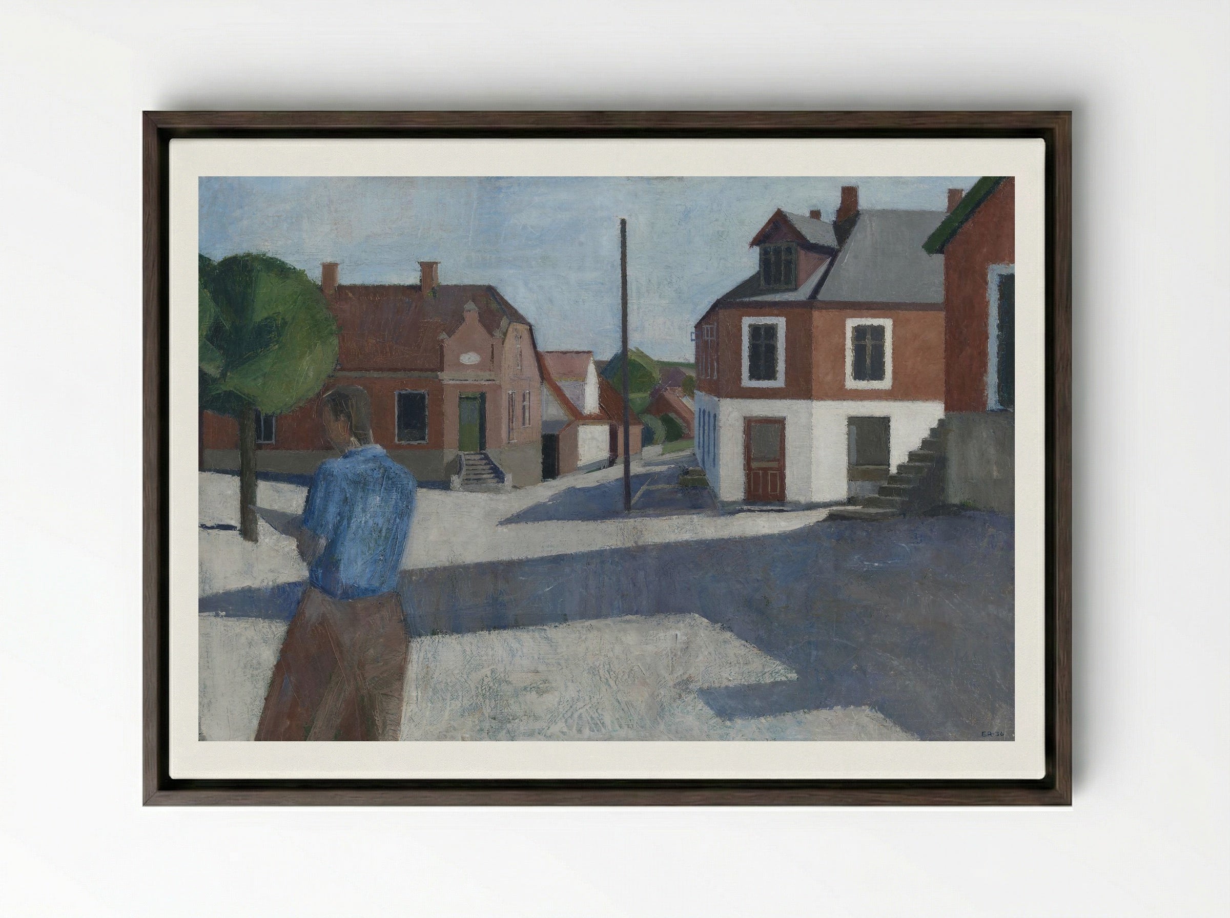 Street Scene with Figure - Erik Raadal - Framed Canvas Dark Wood
