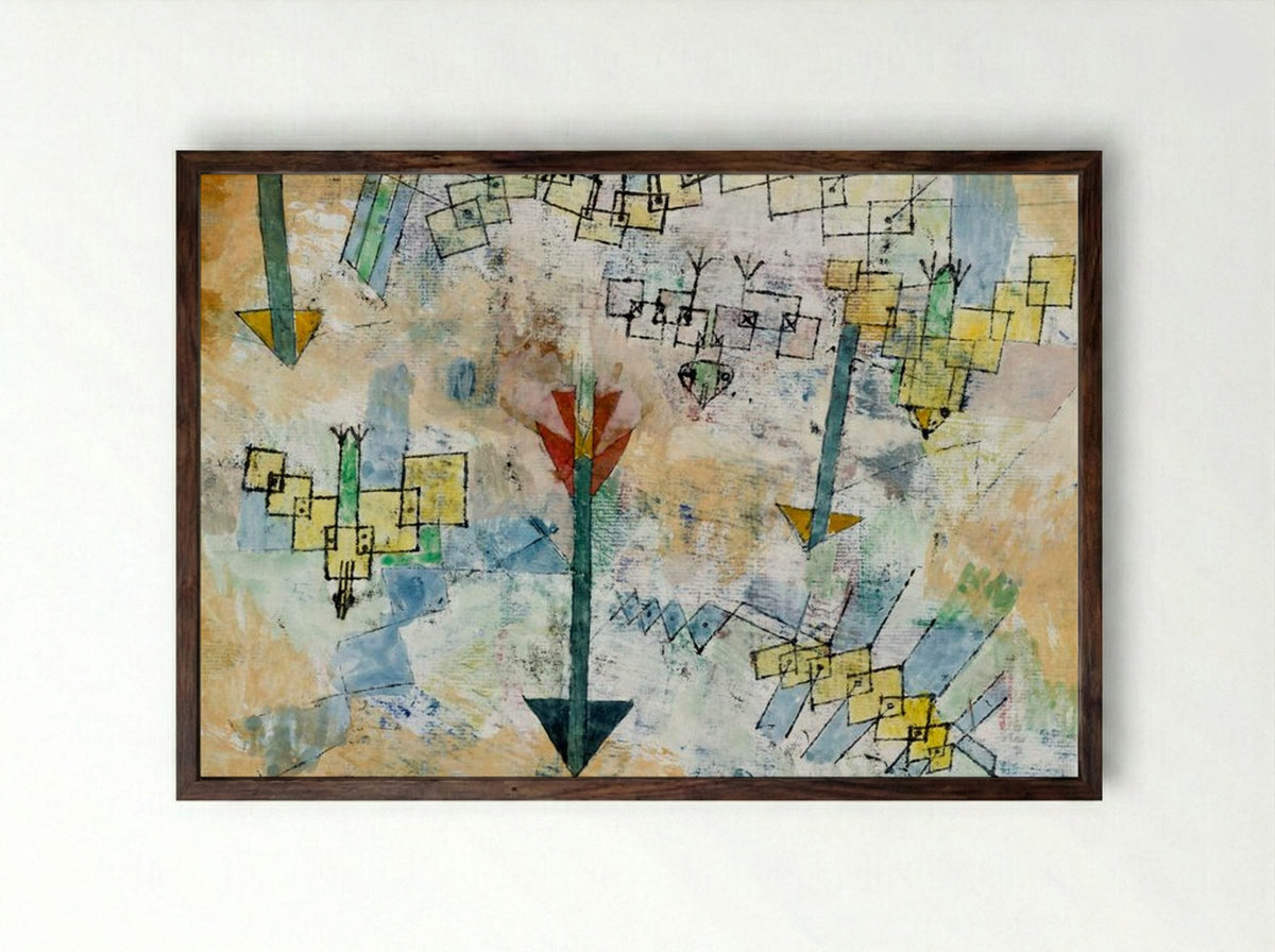Birds Swooping Down and Arrows - Paul Klee - Framed Print Dark Wood