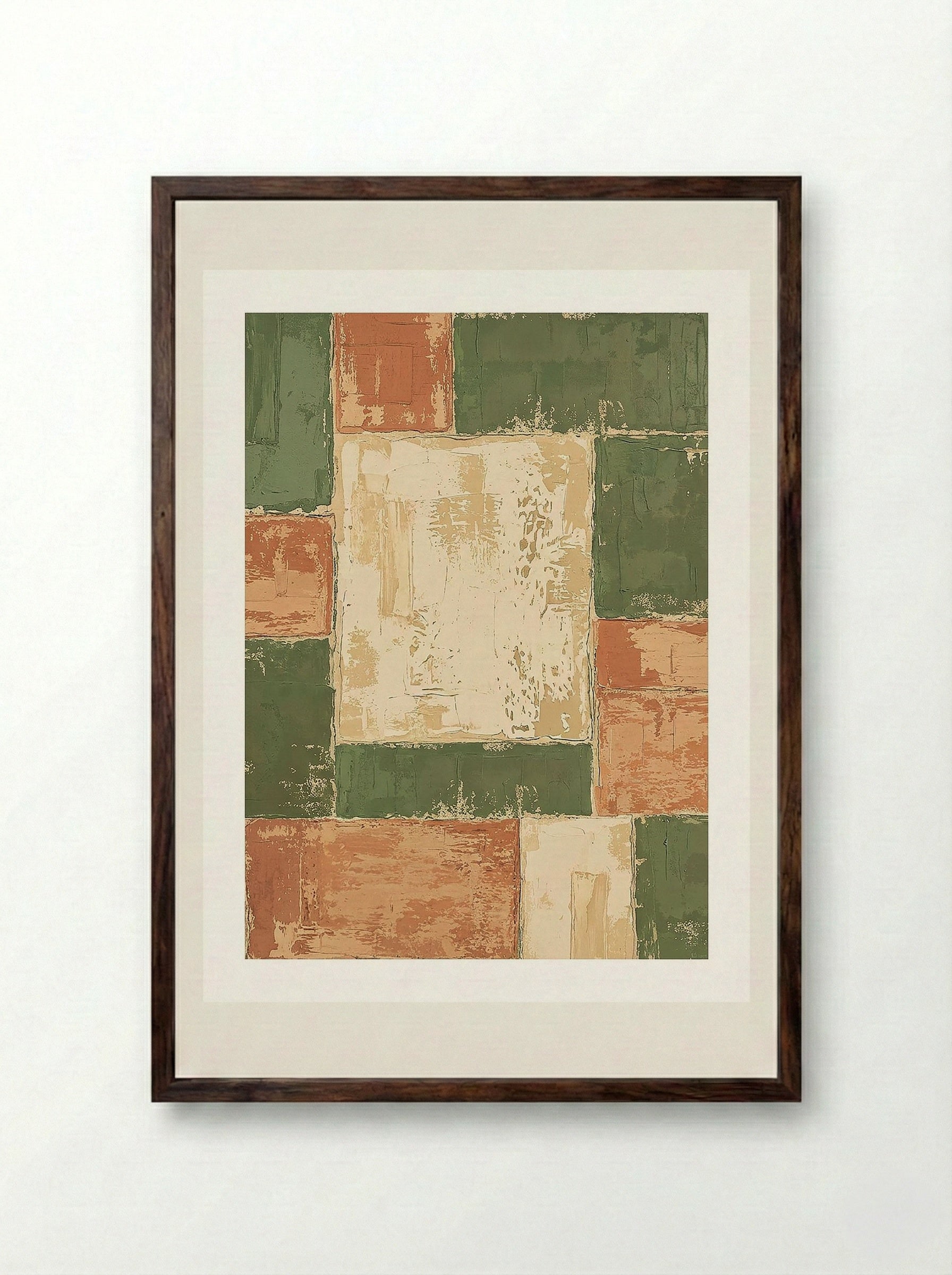 Terracotta Patchwork Poster - Framed Print Dark Wood