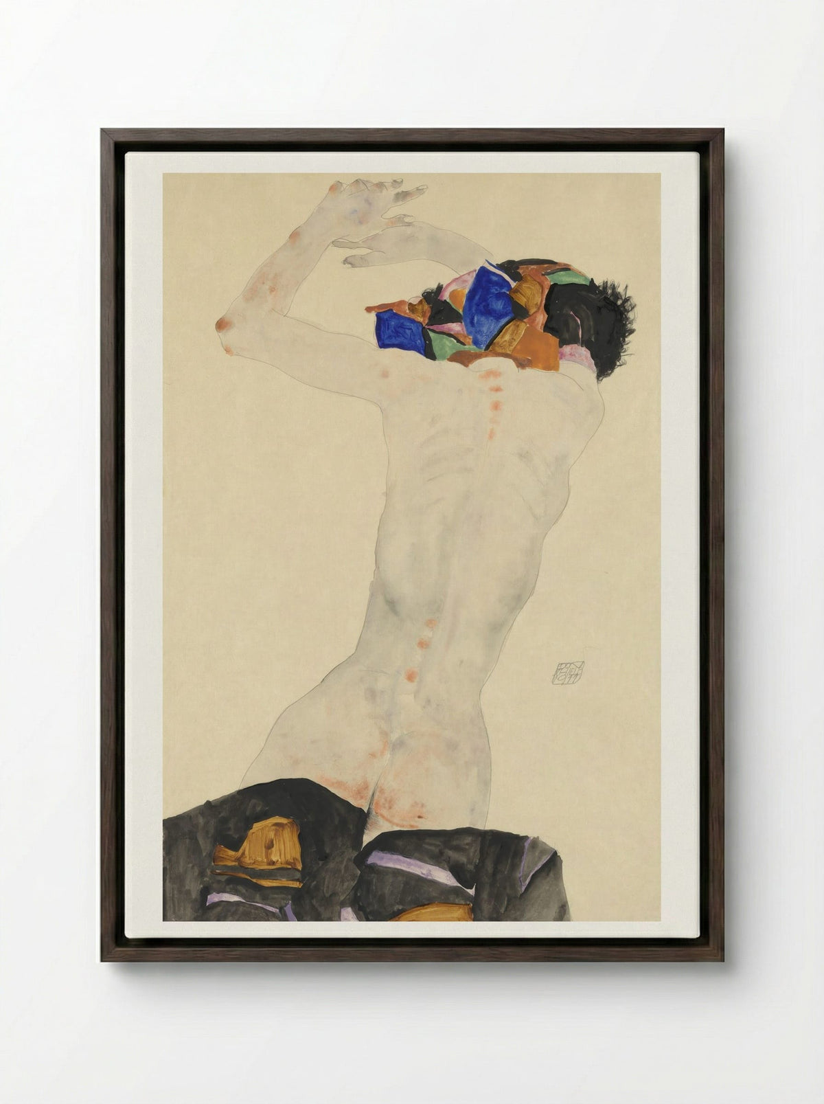 Reclining Nude with Colourful Cloth - Egon Schiele - Framed Canvas Dark Wood