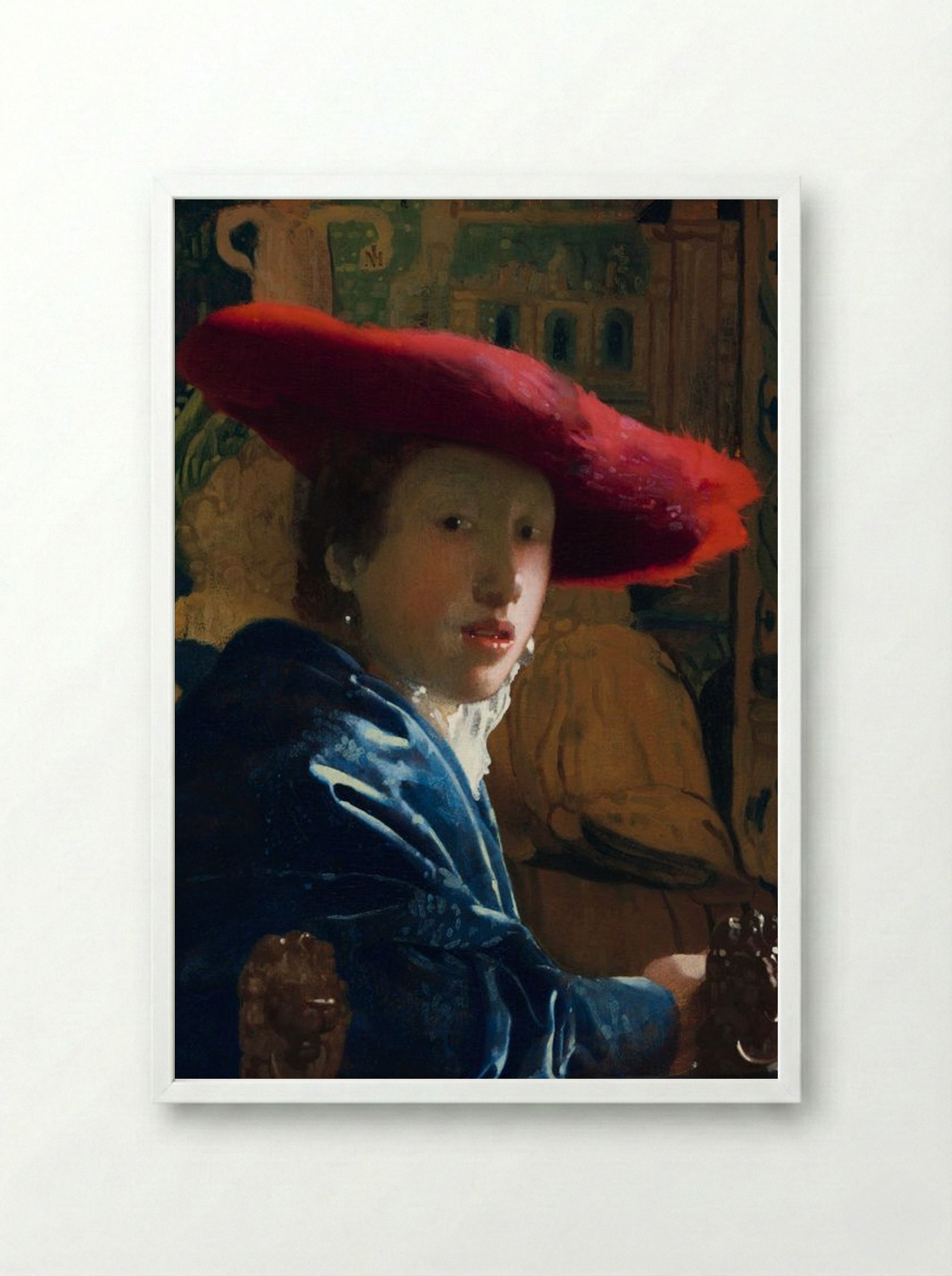 Girl with a Red Hat - Johannes Vermeer - Framed Print White